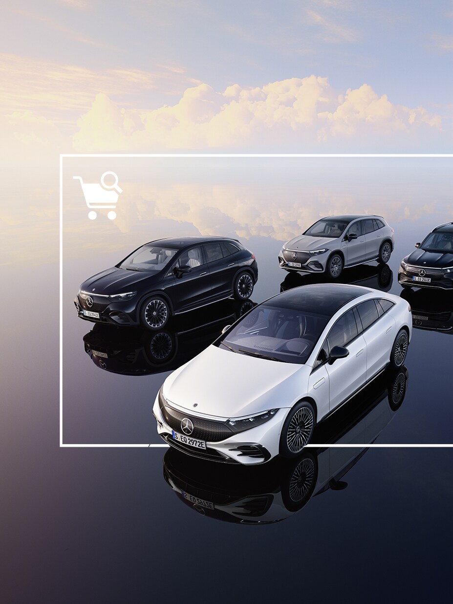 Grupa elektrycznych modeli Mercedes-Benz na lustrzanej powierzchni.