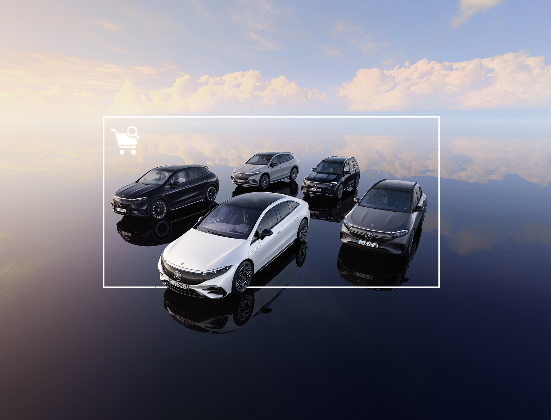 Dostępne elektryczne modele Mercedes-Benz Grupa elektrycznych modeli Mercedes-Benz na lustrzanej powierzchni.