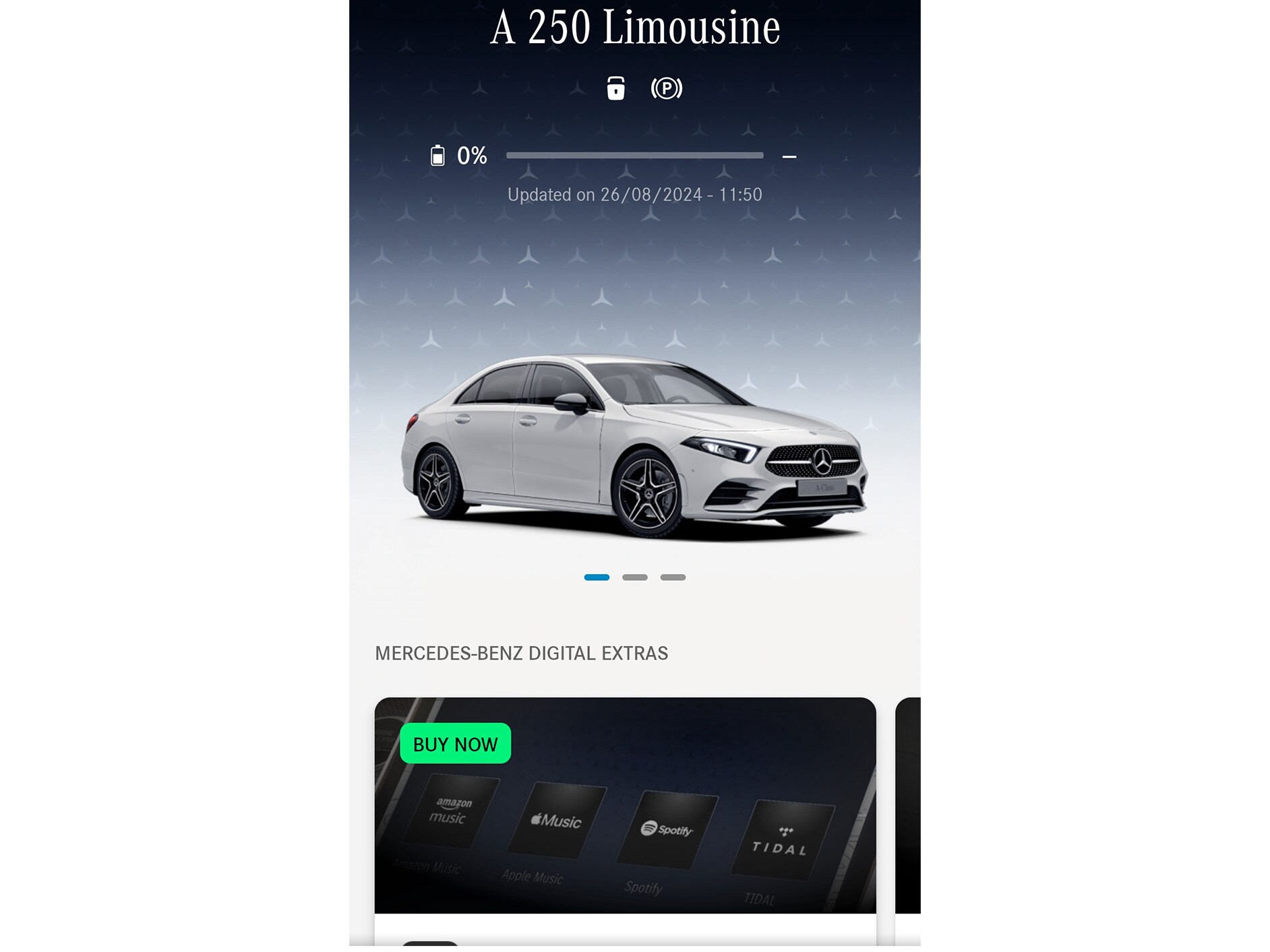 Na smartfonie w menu aplikacji Mercedes-Benz wyświetlane są dostępne funkcje Cyfrowych dodatków Nawigacji, Zdalnego sterowania oraz GUARD 360˚.