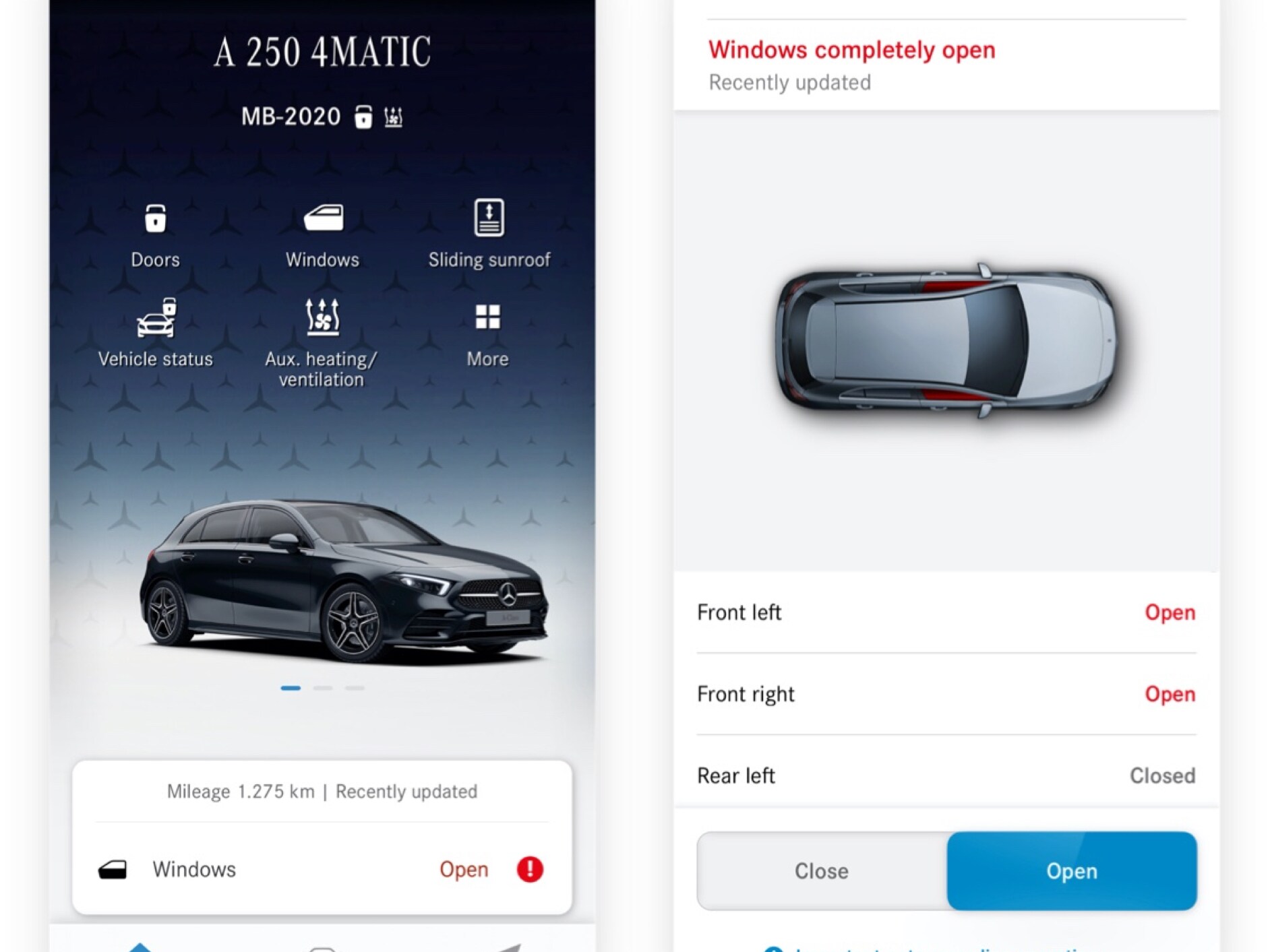 Na smartfonie można zobaczyć różne ekrany, które są wyświetlane, gdy Cyfrowy dodatek „Zdalnie sterowane szybami” wykryje, że nie wszystkie szyby są zamknięte.