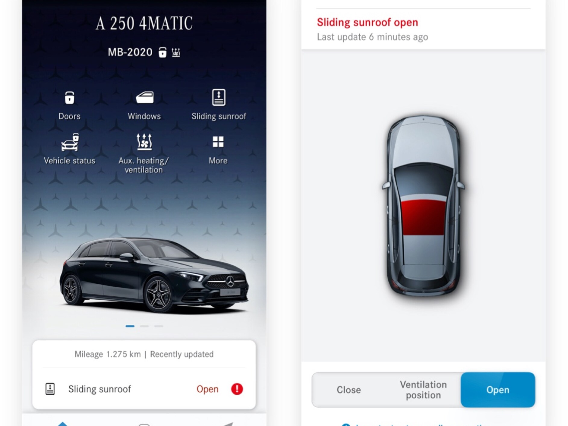 Na smartfonie można zobaczyć różne ekrany, które są wyświetlane, gdy Cyfrowy dodatek „Zdalnie sterowane szyby / dach przesuwny” wykryje, że dach nie jest zamknięty.