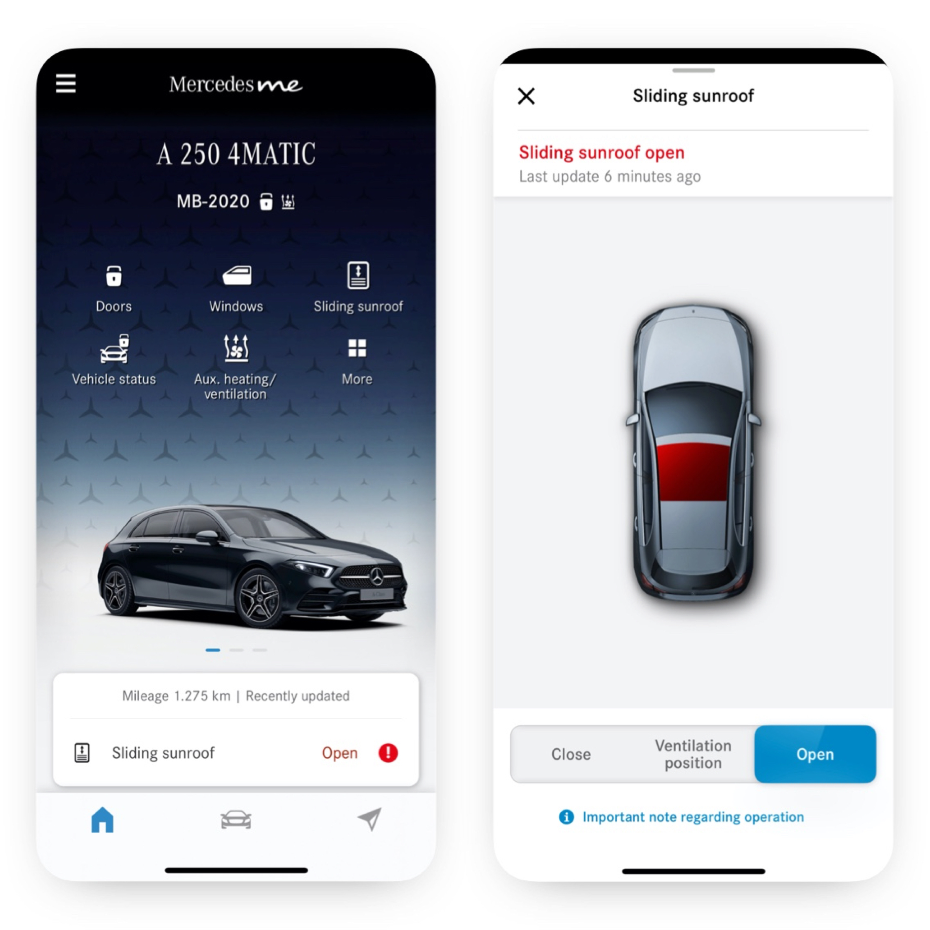 Zdalne sterowanie szybami/przesuwnym dachem | Pakiet Excellence | Mercedes-Benz Na smartfonie można zobaczyć różne ekrany, które są wyświetlane, gdy Cyfrowy dodatek „Zdalnie sterowane szyby / dach przesuwny” wykryje, że dach nie jest zamknięty.