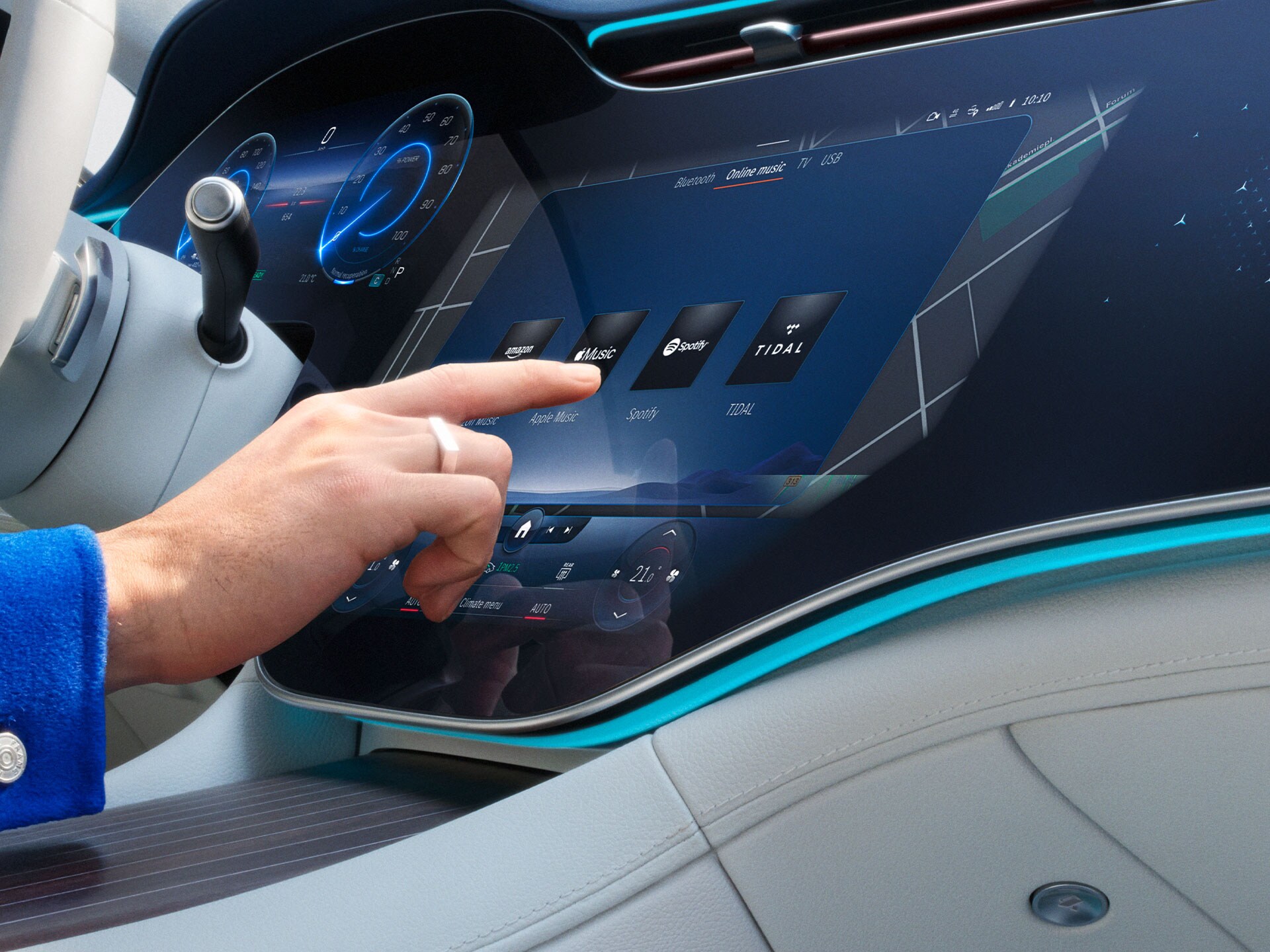 Wybieranie Cyfrowych dodatków na ekranie systemu multimedialnego MBUX w&nbsp;samochodzie Mercedes-Benz.