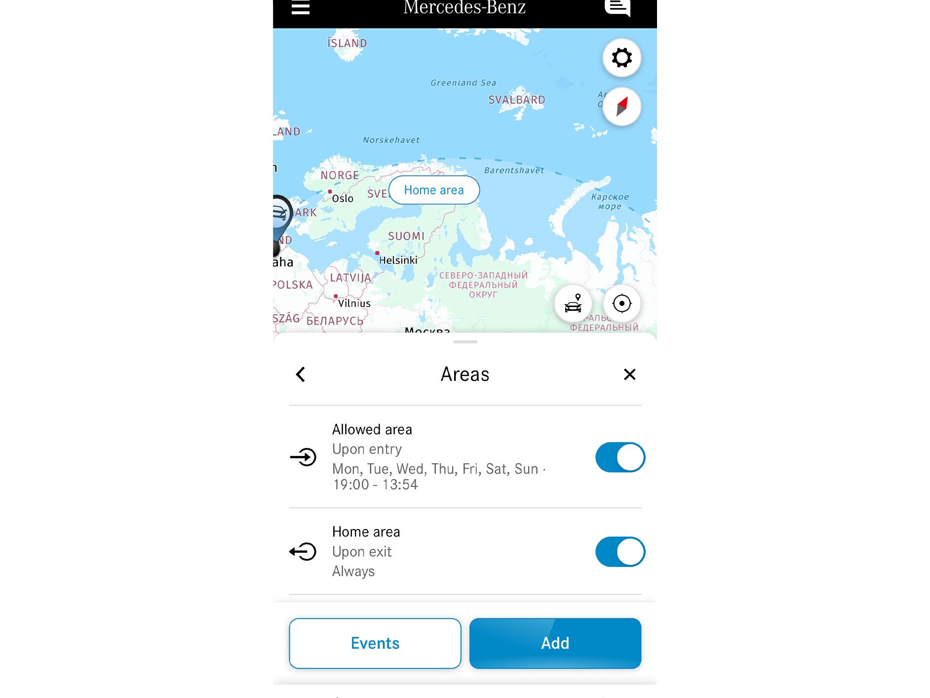 Dzięki Cyfrowemu dodatkowi „Śledzenie pojazdu GPS” na smartfonie wyświetlane jest, czy pojazd porusza się wewnątrz zdefiniowanego obszaru, czy poza nim.