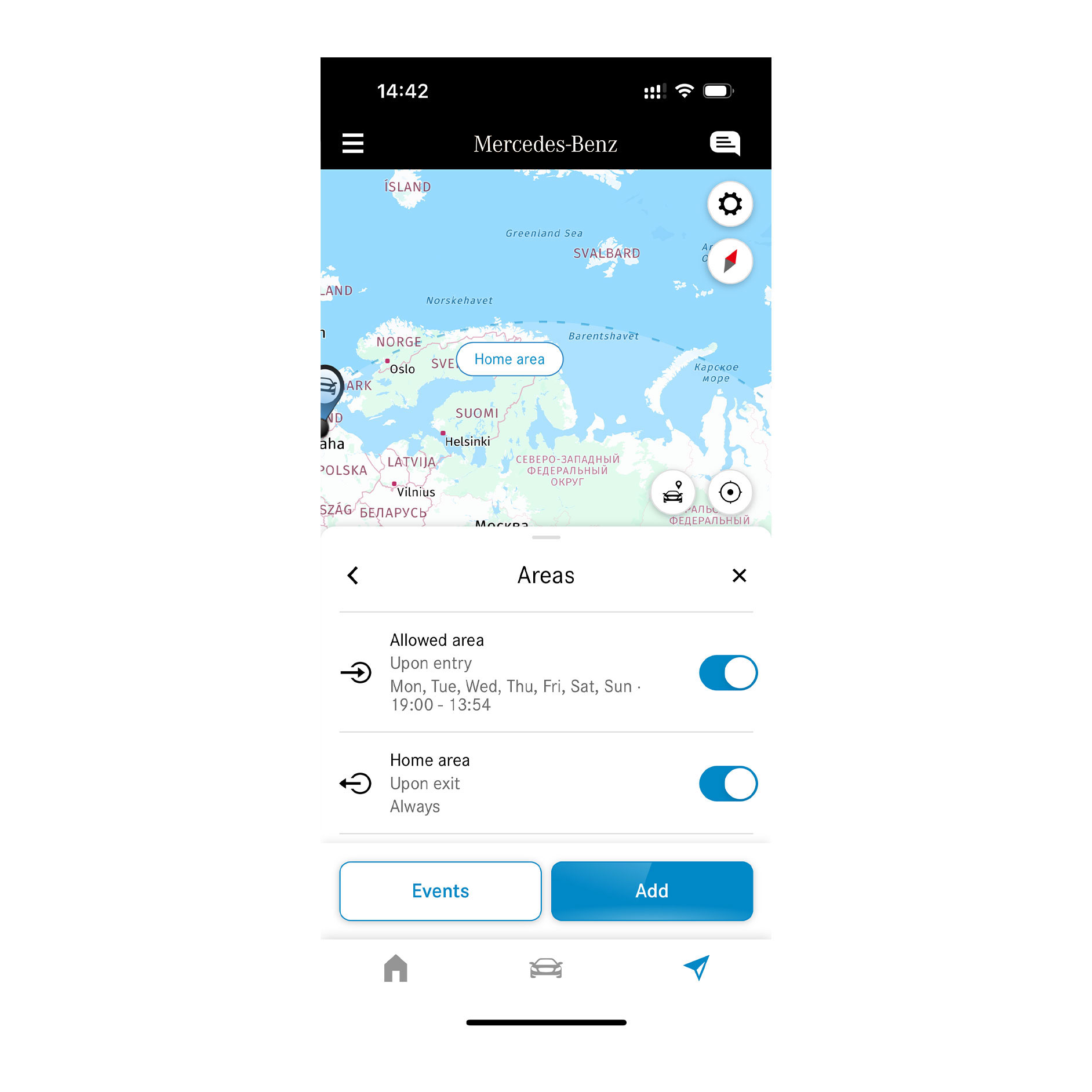 Śledzenie pojazdu GPS | Zdalne sterowanie Mercedes-Benz Dzięki Cyfrowemu dodatkowi „Śledzenie pojazdu GPS” na smartfonie wyświetlane jest, czy pojazd porusza się wewnątrz zdefiniowanego obszaru, czy poza nim.