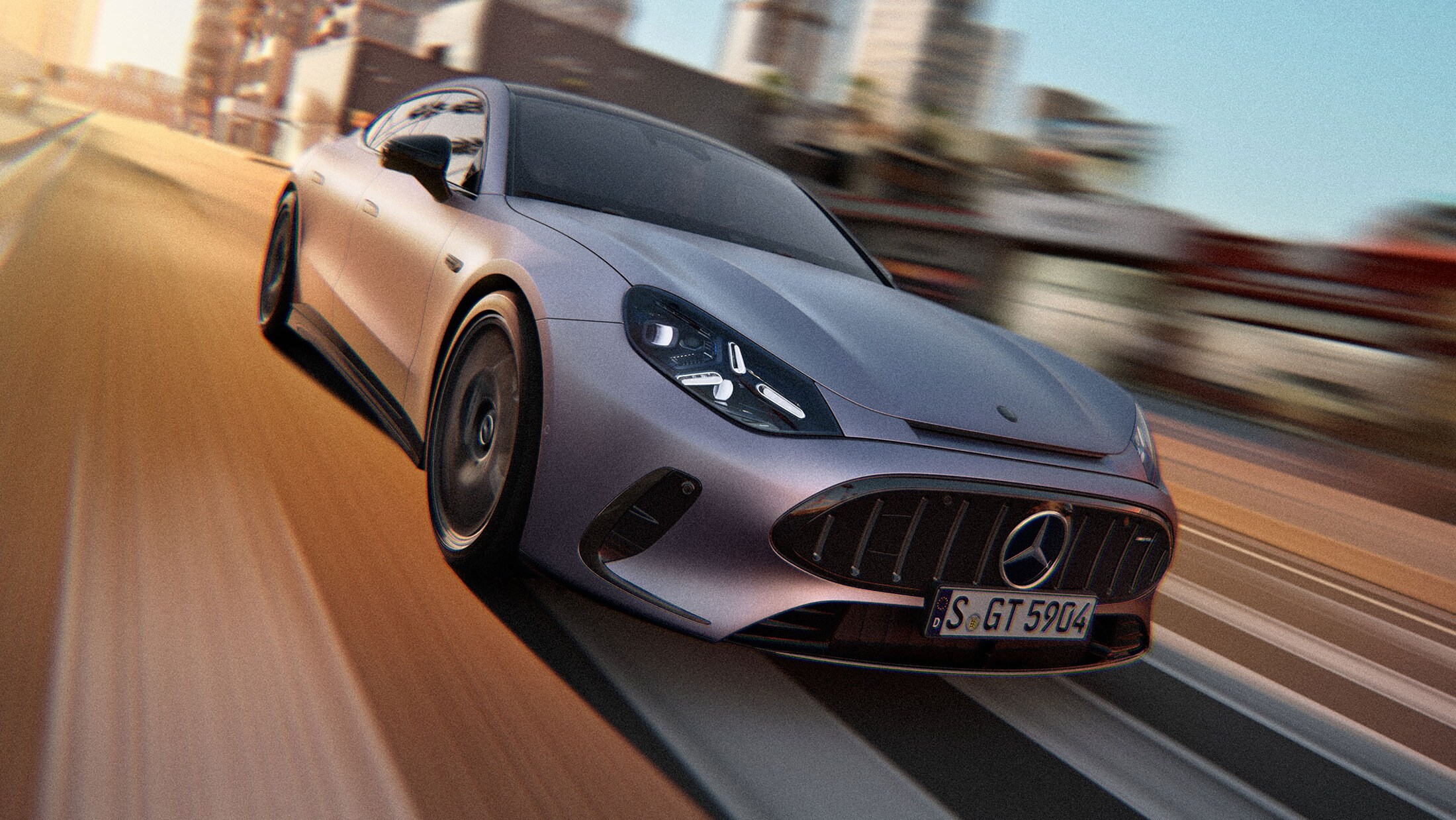 Mercedes-AMG GT 53 4-door Coupé jadący po ulicy.