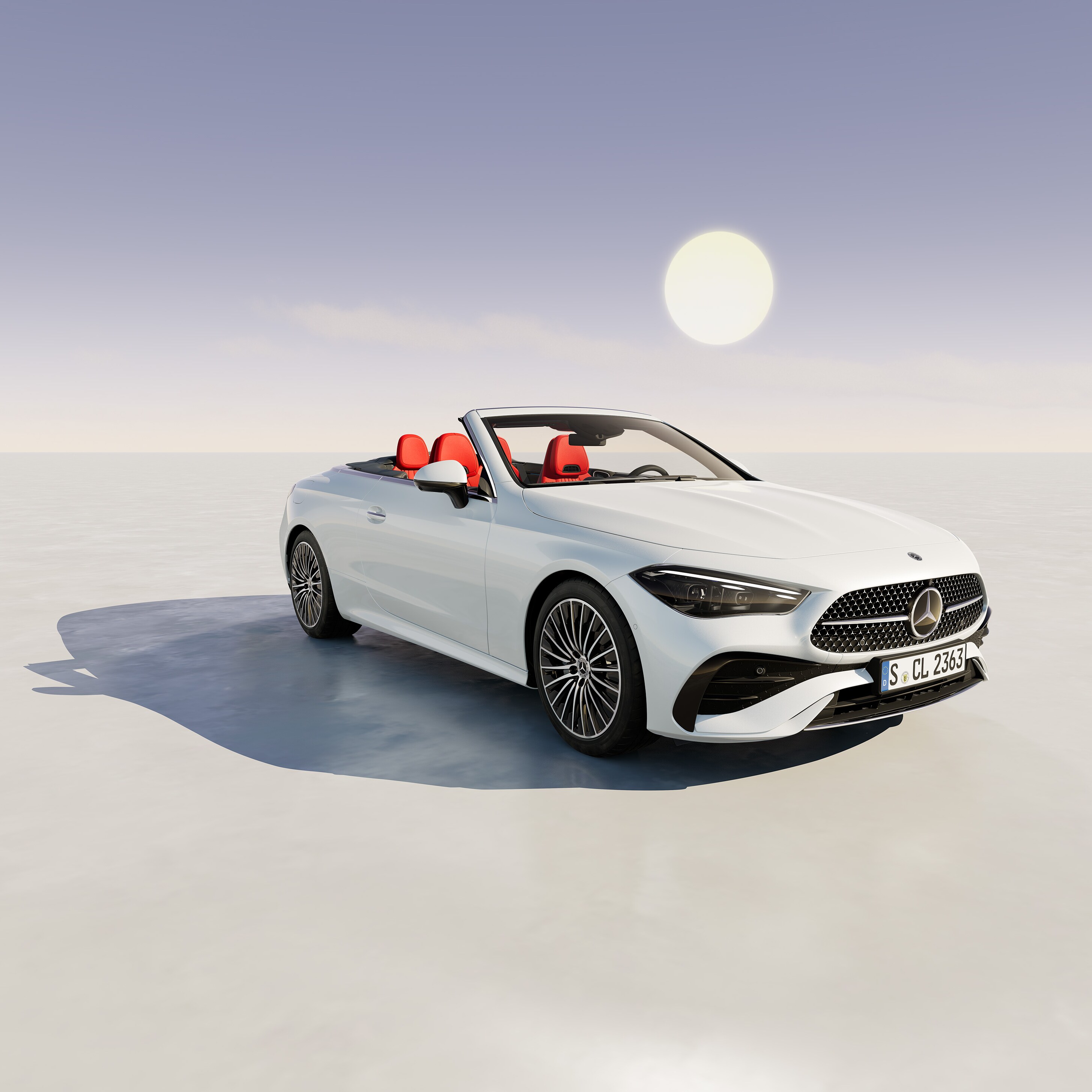 Biały Mercedes-Benz CLE Kabriolet na jasnym, abstrakcyjnym tle.