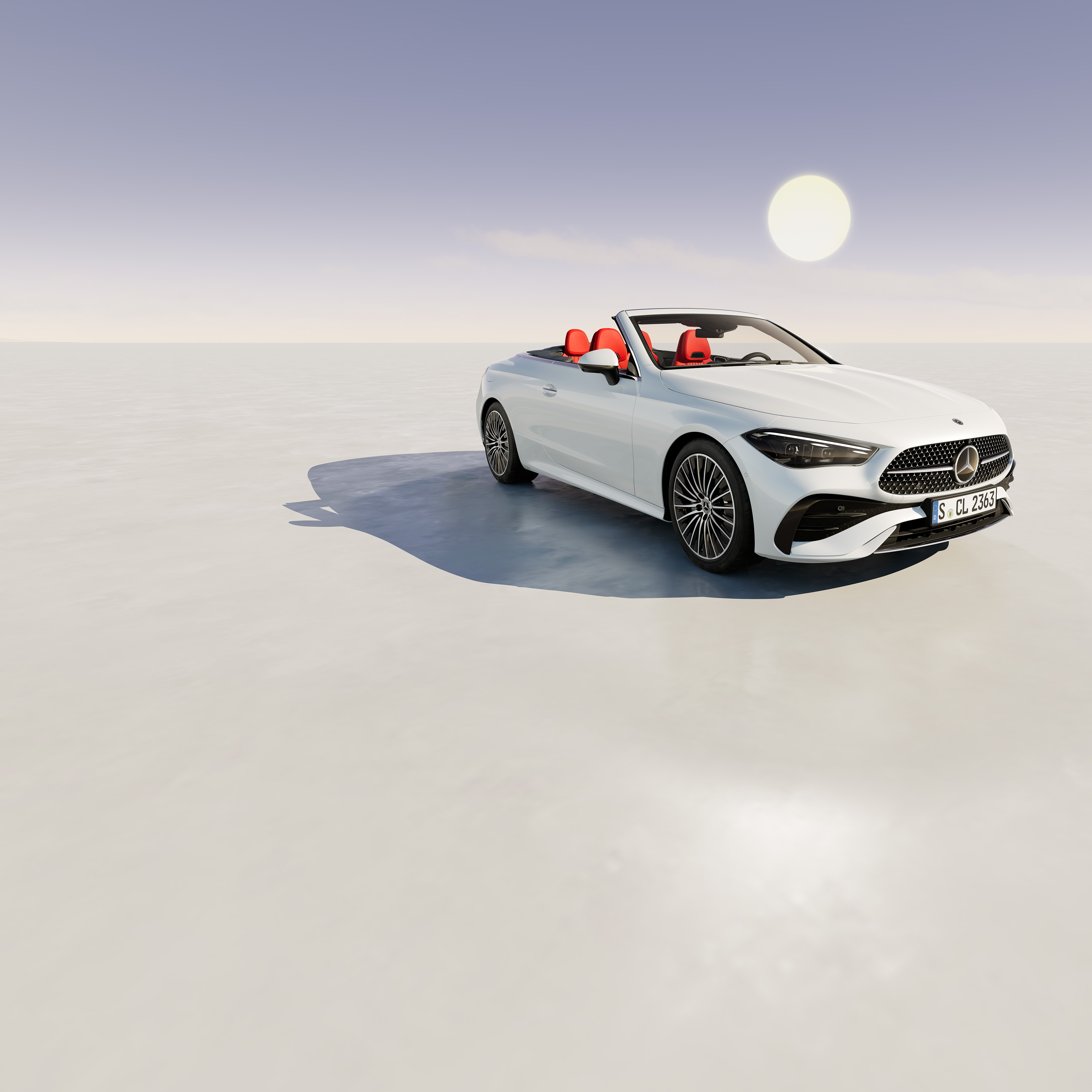 CLE Kabriolet | Mercedes-Benz. Biały Mercedes-Benz CLE Kabriolet na jasnym, abstrakcyjnym tle.
