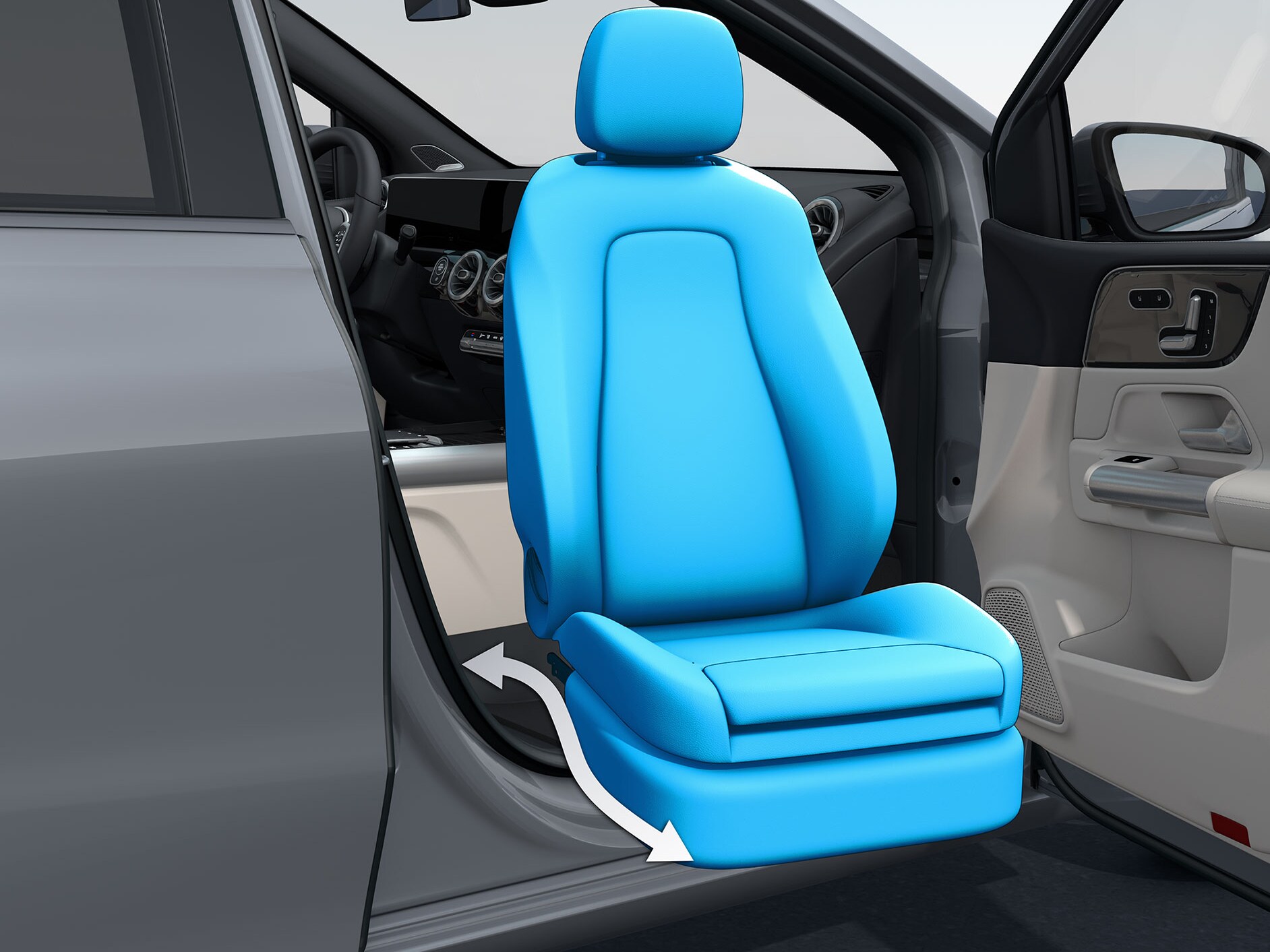 Otwarte drzwi pasażera w pojeździe przystosowanym dla osób z niepełnosprawnością z fotelem obrotowym „Turny-Evo”.