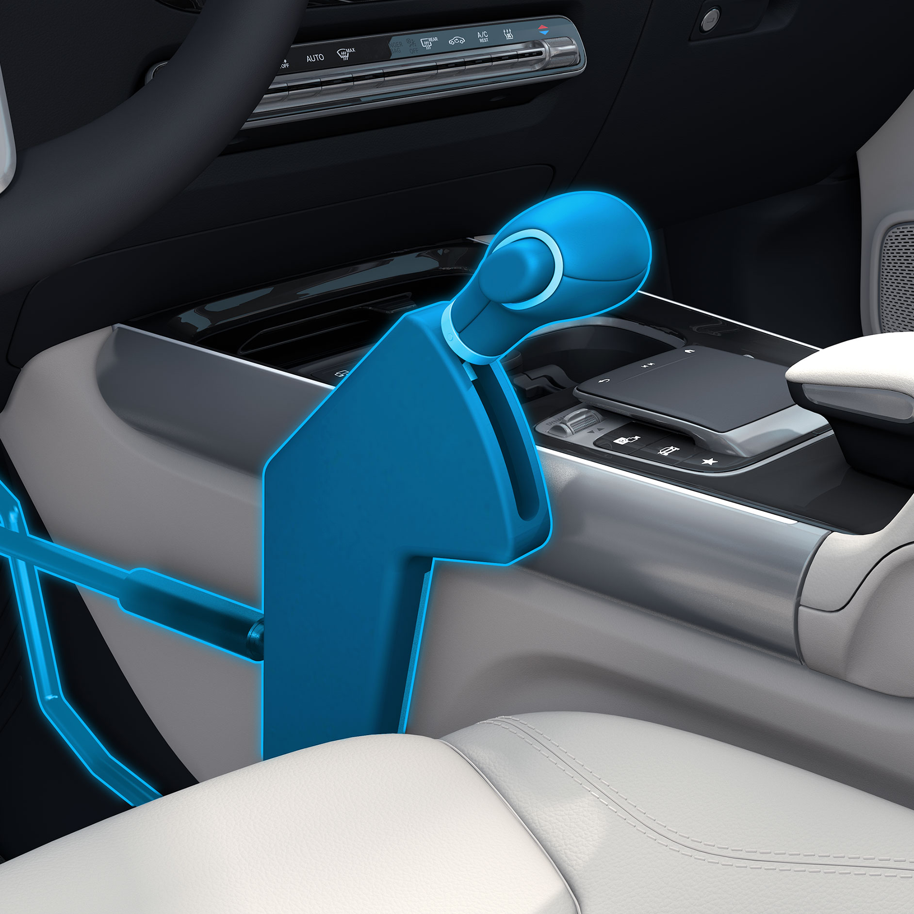 Dźwignia sterująca Easy Speed | Układy wspomagania jazdy | Mercedes-Benz Urządzenie do obsługi ręcznej „Easy Speed” przy konsoli centralnej Mercedesa.