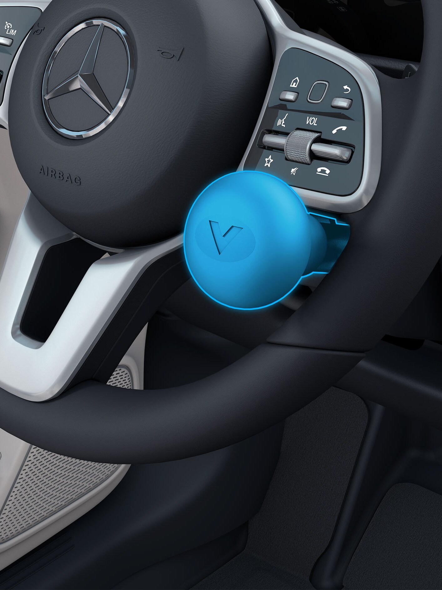 Widok szczegółowy gałki na kierownicę Mercedesa.