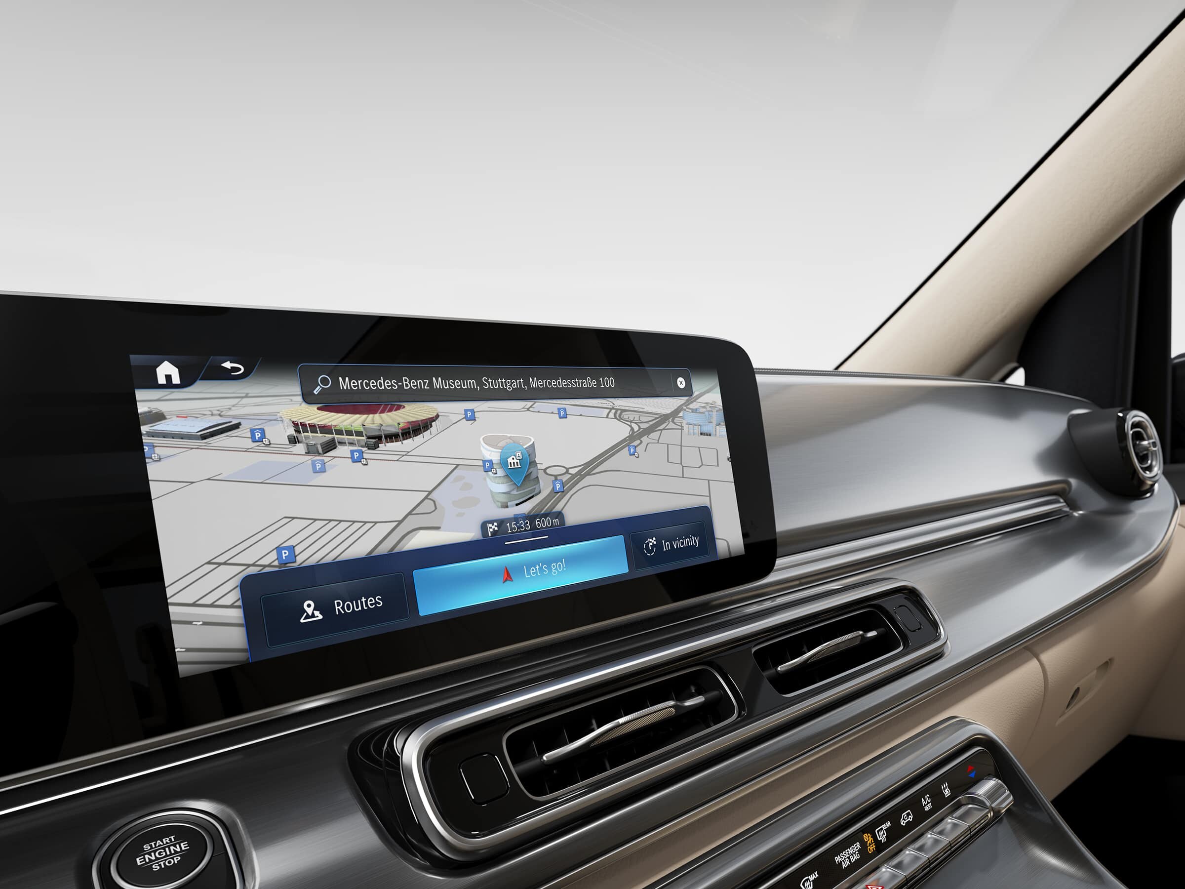Kokpit modelu Mercedes-Benz Marco Polo HORIZON z systemem informacyjno-rozrywkowym MBUX i integracją ze smartfonem.