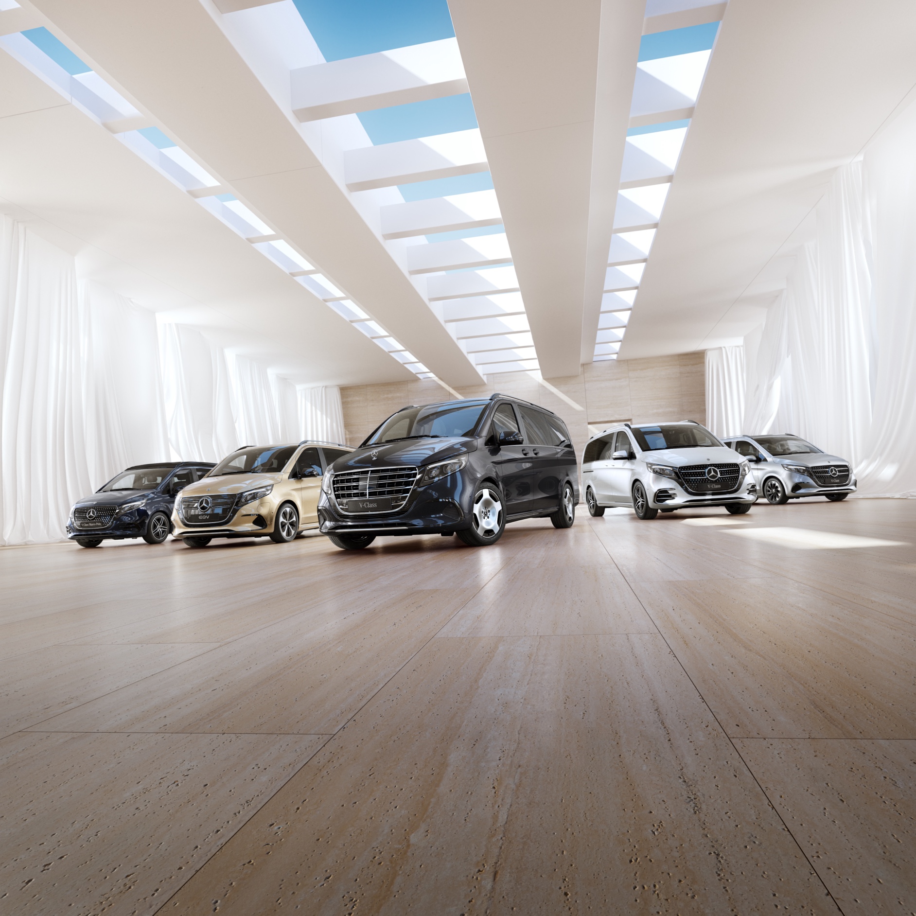 Komfort | EQV | Van Mercedes-Benz Modele vanów i samochodów kempingowych Mercedes-Benz w salonie wystawowym.