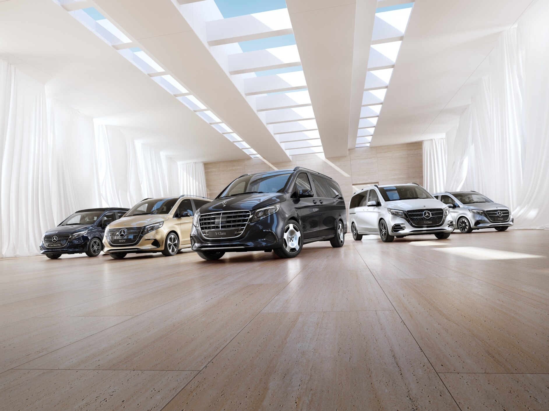 Modele vanów i samochodów kempingowych Mercedes-Benz w salonie wystawowym.
