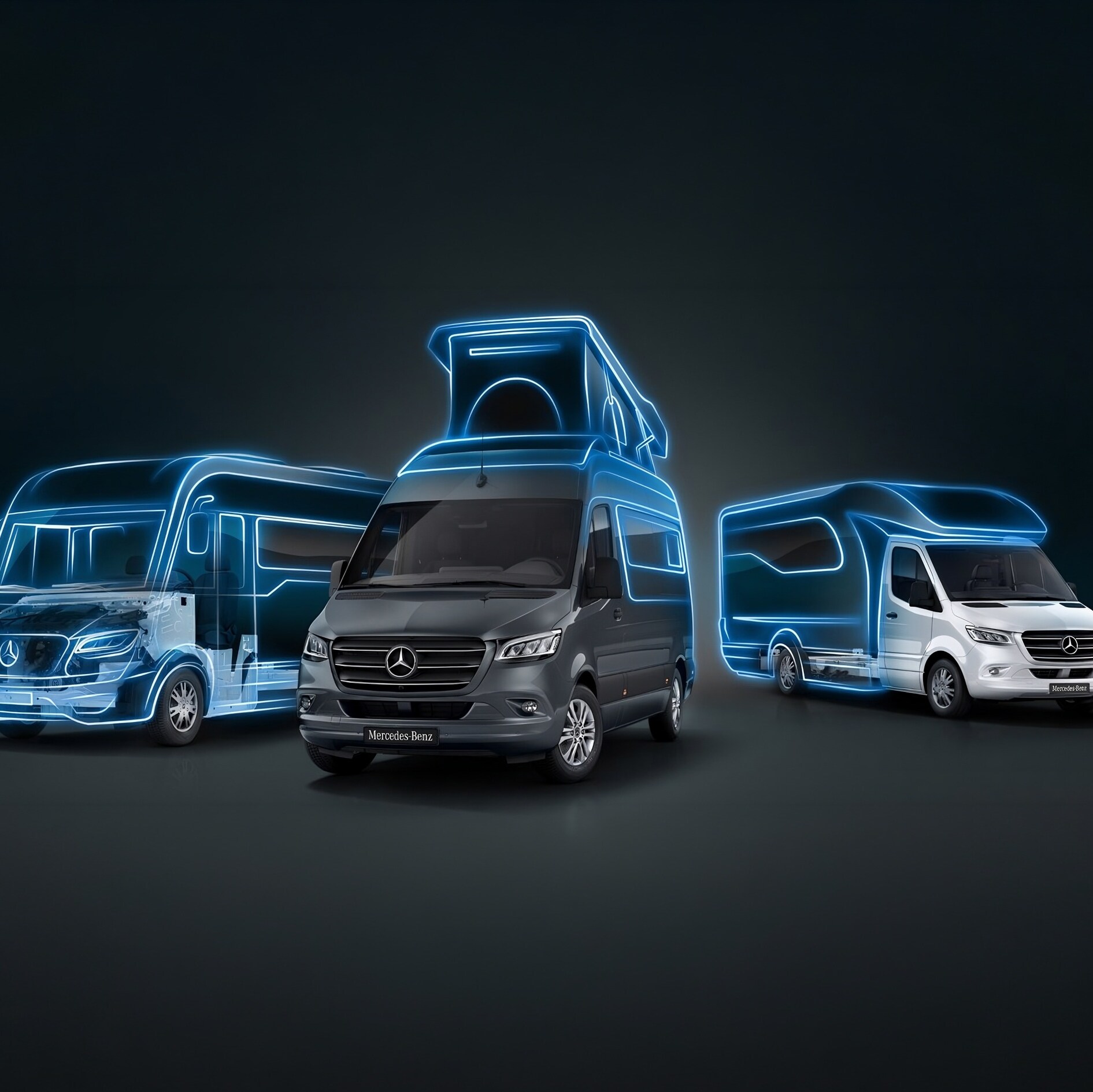 Samochody kempingowe Mercedes‑Benz Sprinter, prezentujące elastyczne koncepcje zabudowy i nowoczesny design pojazdów.
