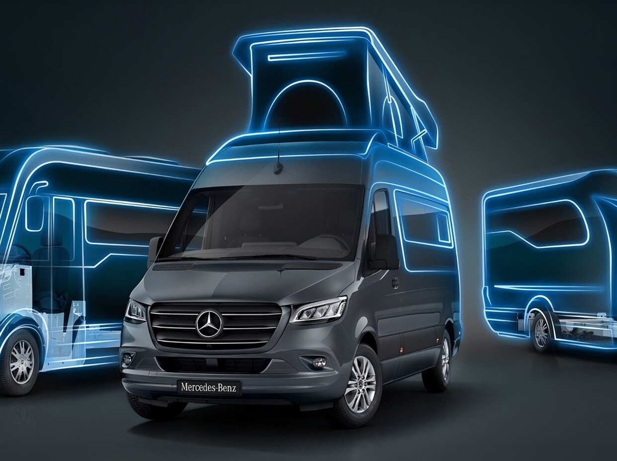Samochód kempingowy Mercedes-Benz Sprinter przedstawiony z różnymi zabudowami..