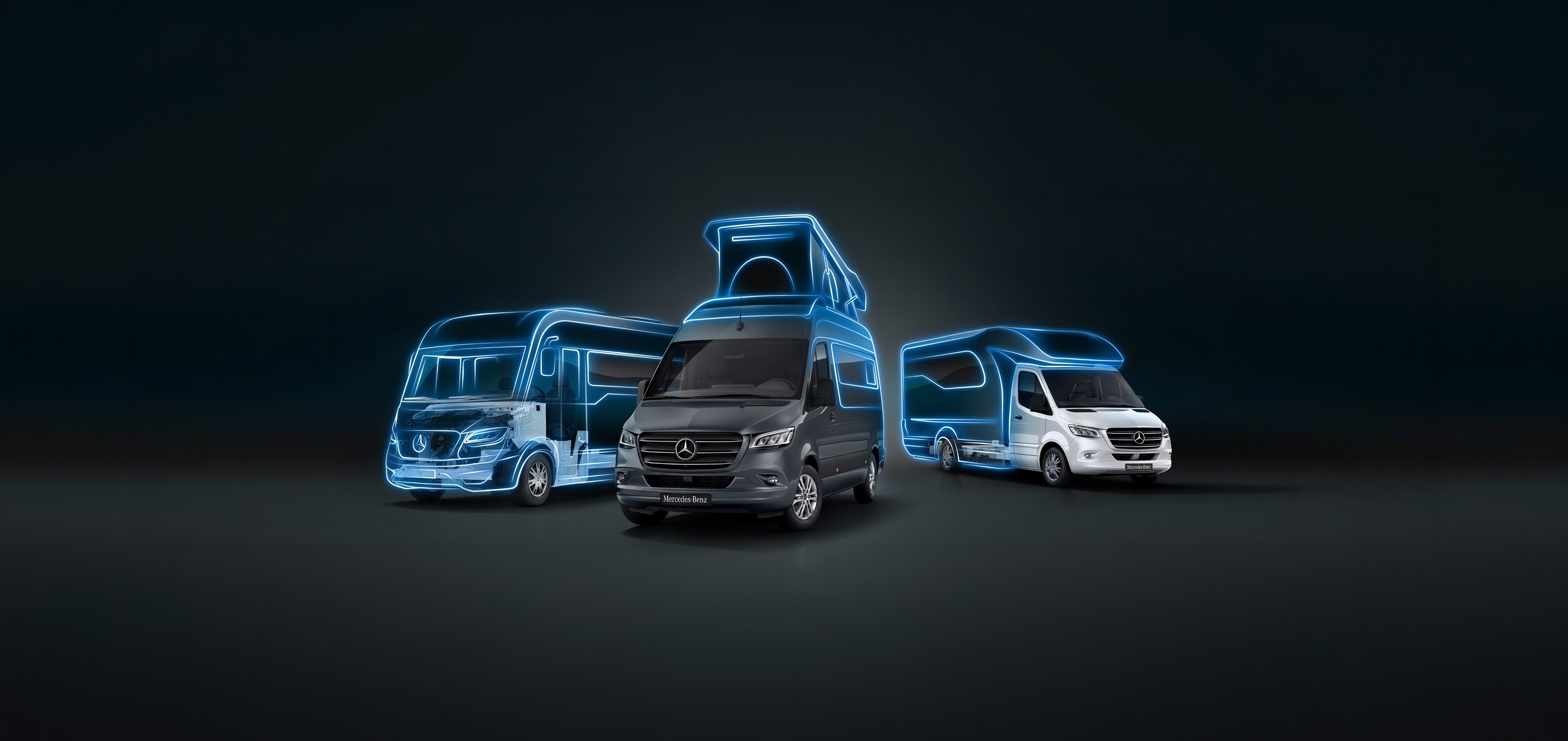 Półzintegrowany samochód kempingowy | Samochody kempingowe Sprinter | Mercedes-Benz Samochód kempingowy Mercedes-Benz Sprinter przedstawiony z różnymi zabudowami..