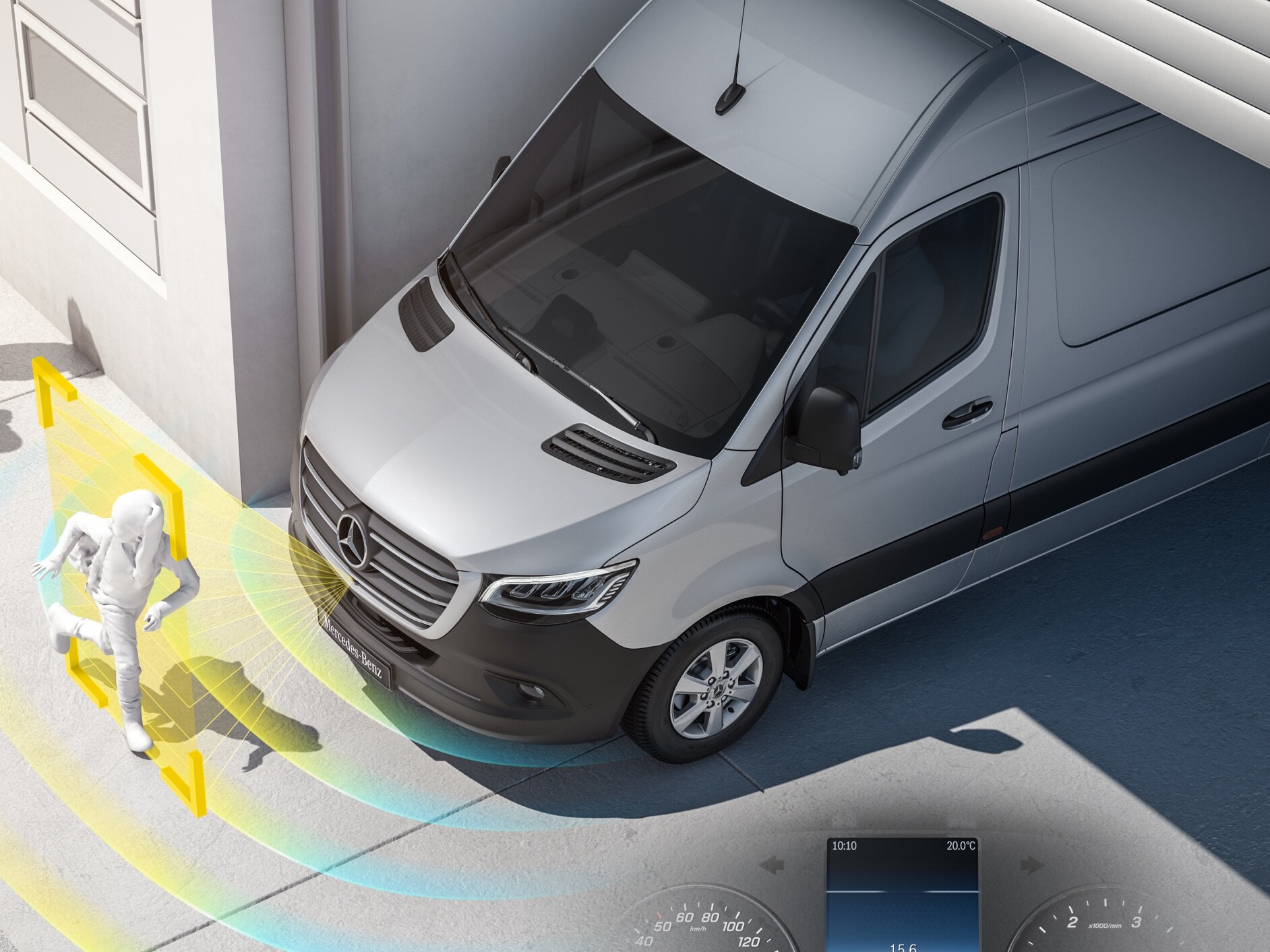 Mercedes‑Benz Sprinter z aktywnymi systemami wspomagającymi, wykrywającymi pieszych w pobliżu, co zwiększa bezpieczeństwo kierowcy.