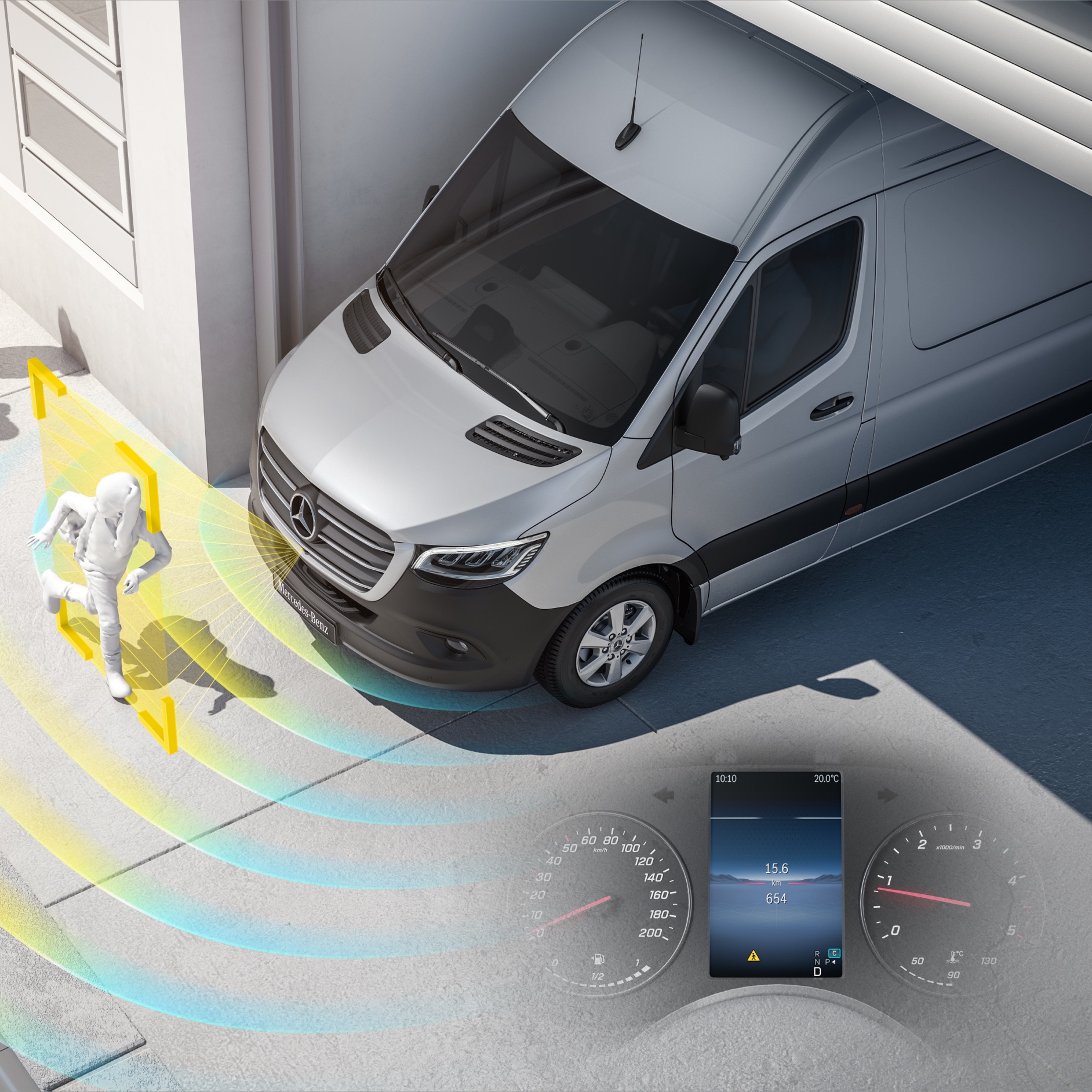 Systemy wspomagania kierowcy i bezpieczeństwa | Samochody kempingowe Sprinter | Mercedes-Benz Mercedes‑Benz Sprinter z aktywnymi systemami wspomagającymi, wykrywającymi pieszych w pobliżu, co zwiększa bezpieczeństwo kierowcy.