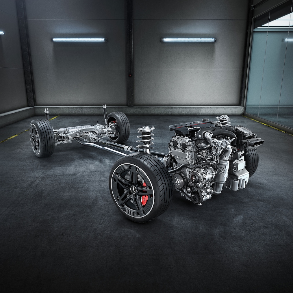 Nadwozie z zespołem przeniesienia napędu modelu Mercedes-AMG CLA 45 S 4MATIC+ Shooting Brake.