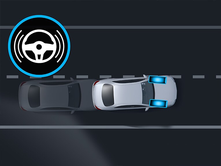 Graficzna wizualizacja aktywnego asystenta utrzymania pasa ruchu w nowym SUV-ie EQE Mercedes-Benz.