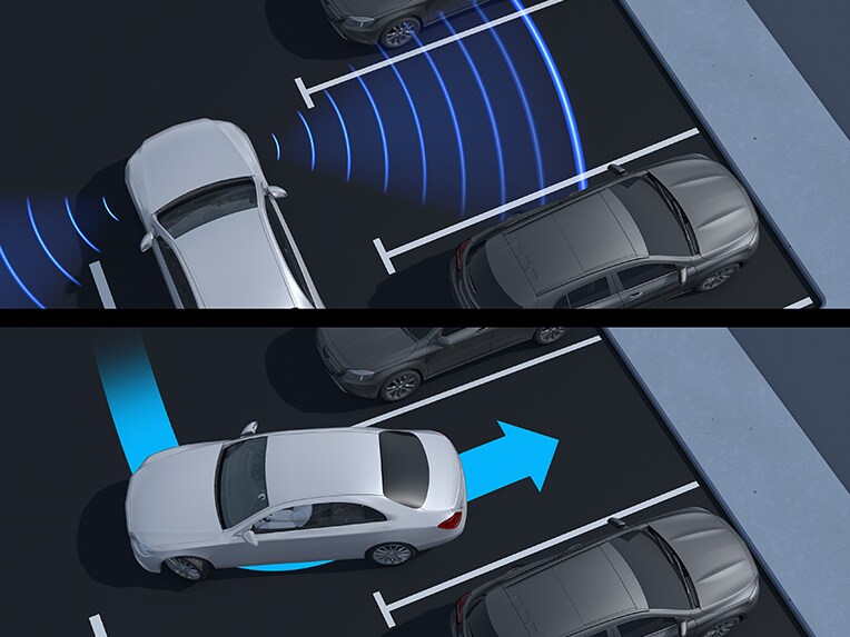 Aktywny asystent parkowania z systemem PARKTRONIC w modelu Mercedes-Benz EQS Limuzyna.