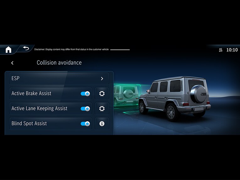 Ilustracja działania aktywnego asystenta hamowania w modelu Mercedes-Benz Klasa G.