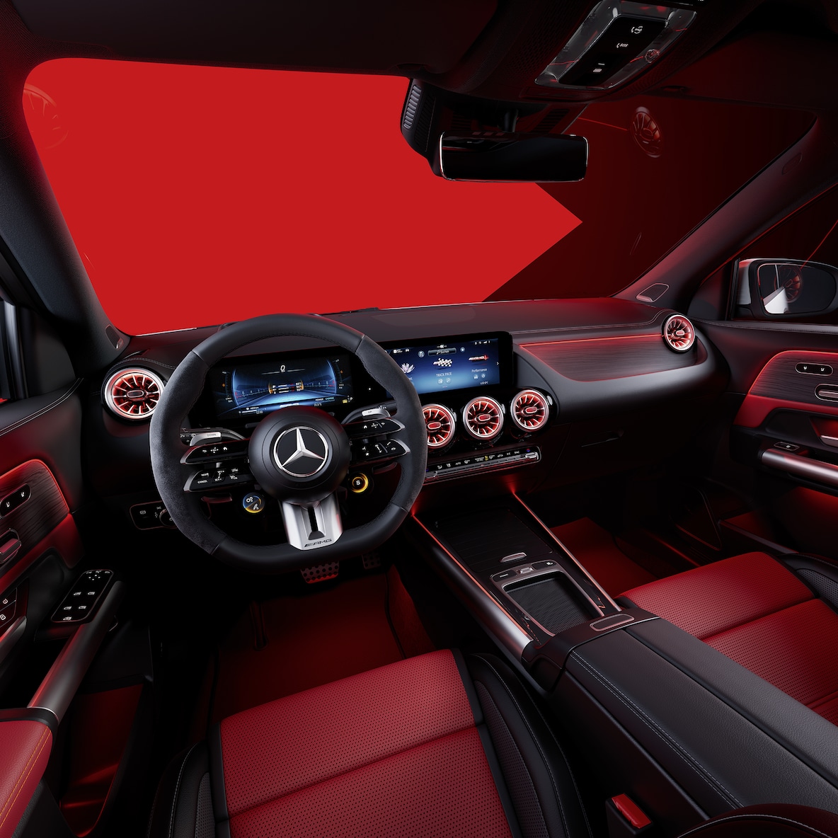 Wnętrze pojazdu Mercedes-AMG GLA z fotelami AMG Performance i kierownicą AMG Performance.