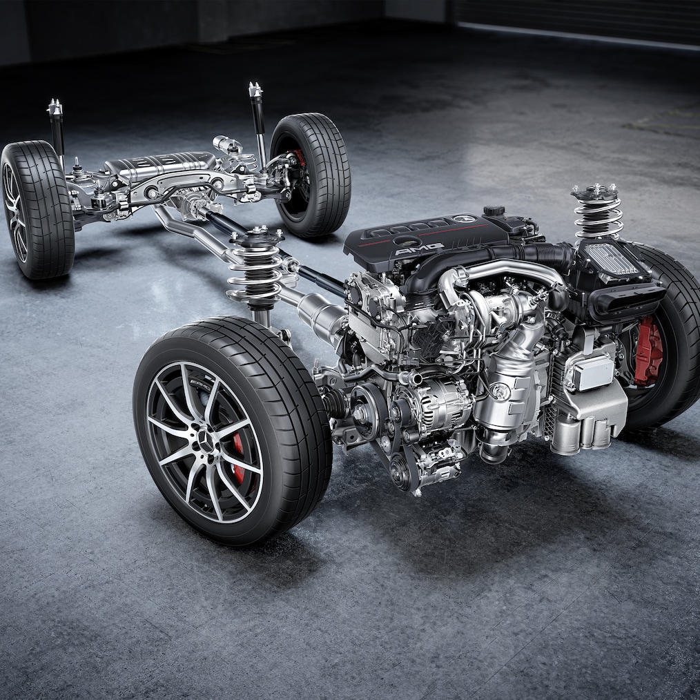 Nadwozie z zespołem przeniesienia napędu modelu Mercedes-AMG GLB 35 4MATIC.