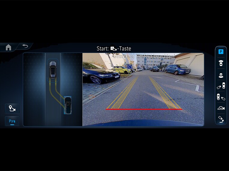 Zdjęcie przedstawiające kamerę 360° na multimedialnym wyświetlaczu nowego Mercedesa-Benz GLE Coupé.