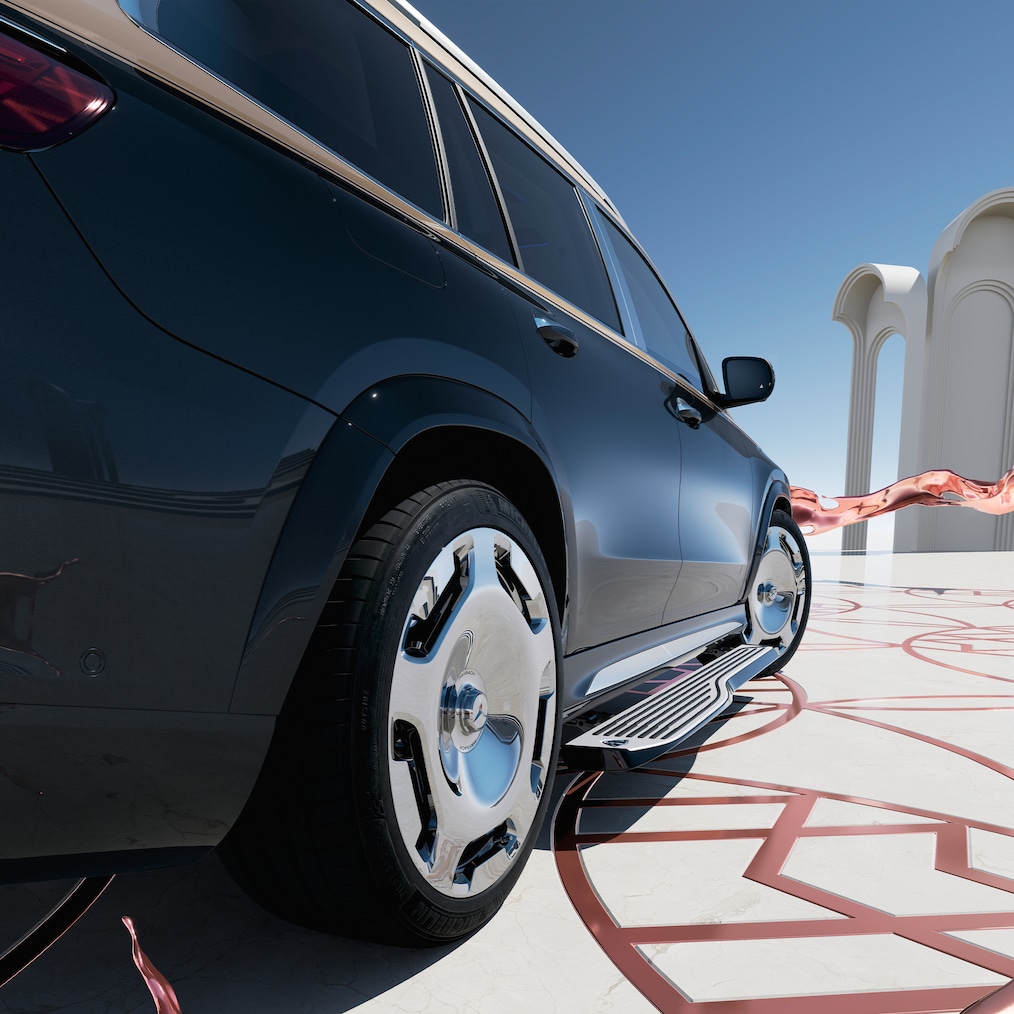 Widok pionowy od góry modelu Mercedes-Maybach GLS 600 z otwartymi drzwiami i wysuniętymi stopniami.