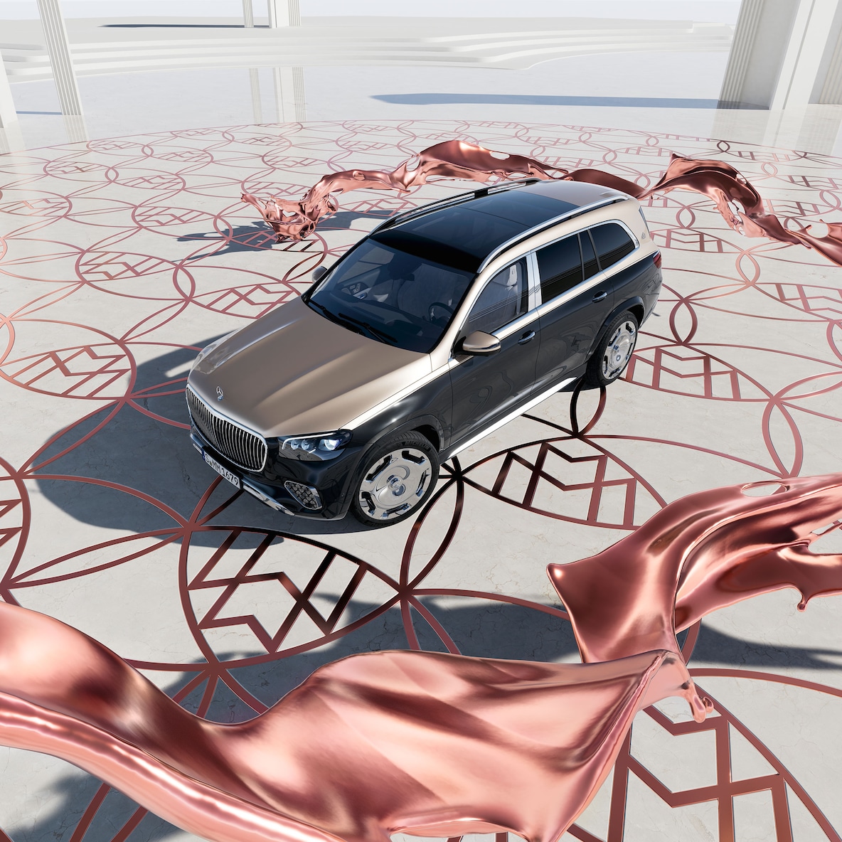 Widok boczny z przodu modelu Mercedes-Maybach GLS 600 z lotu ptaka.