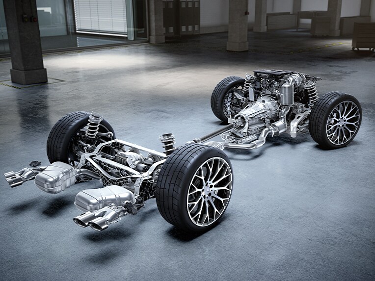 Trójwymiarowy model układu napędowego Mercedes-AMG.