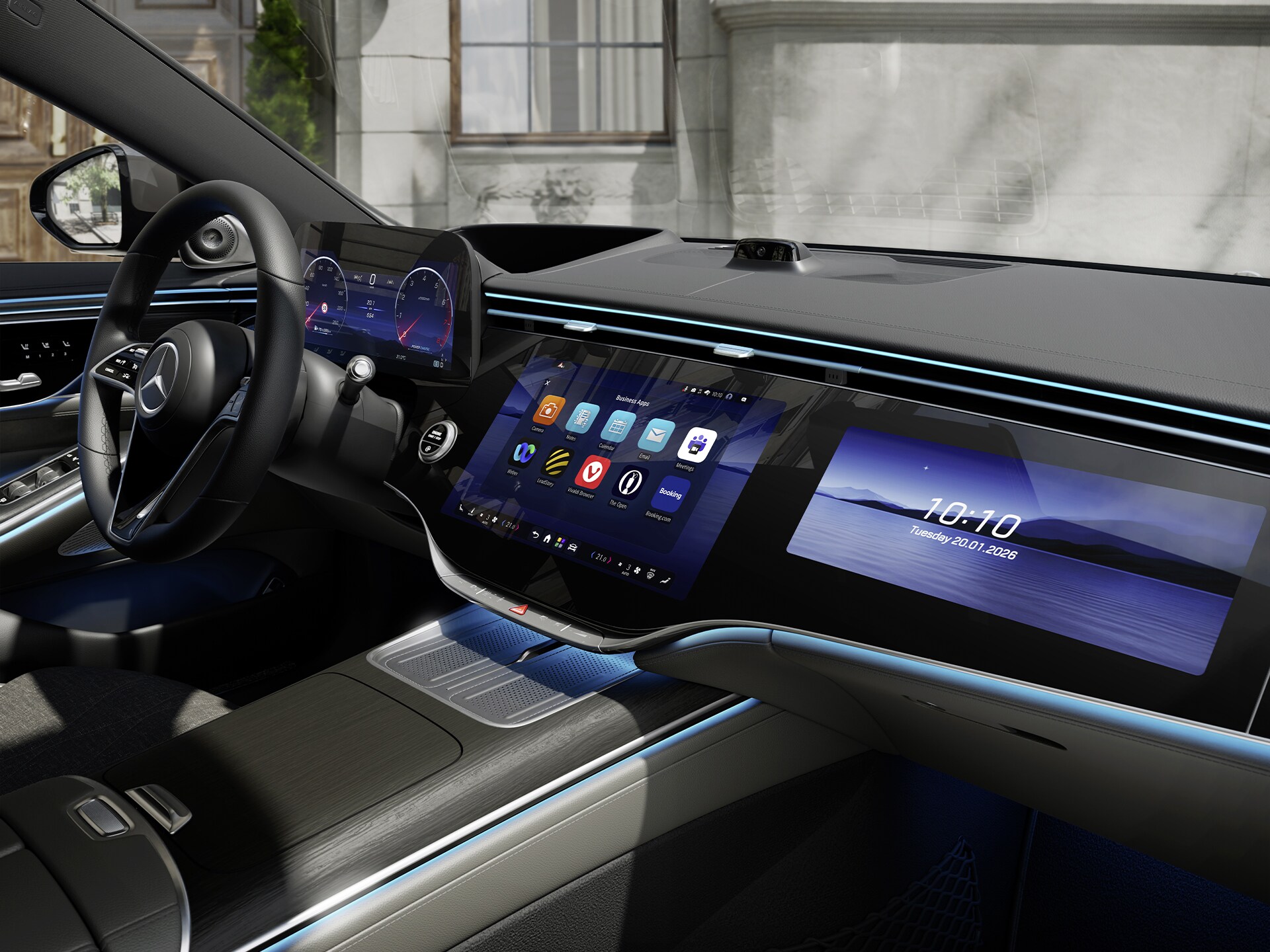 Ekran MBUX Superscreen w kokpicie nowego modelu Klasy S Limuzyna Mercedes-Benz z systemem MB.OS firmy Mercedes-Benz.