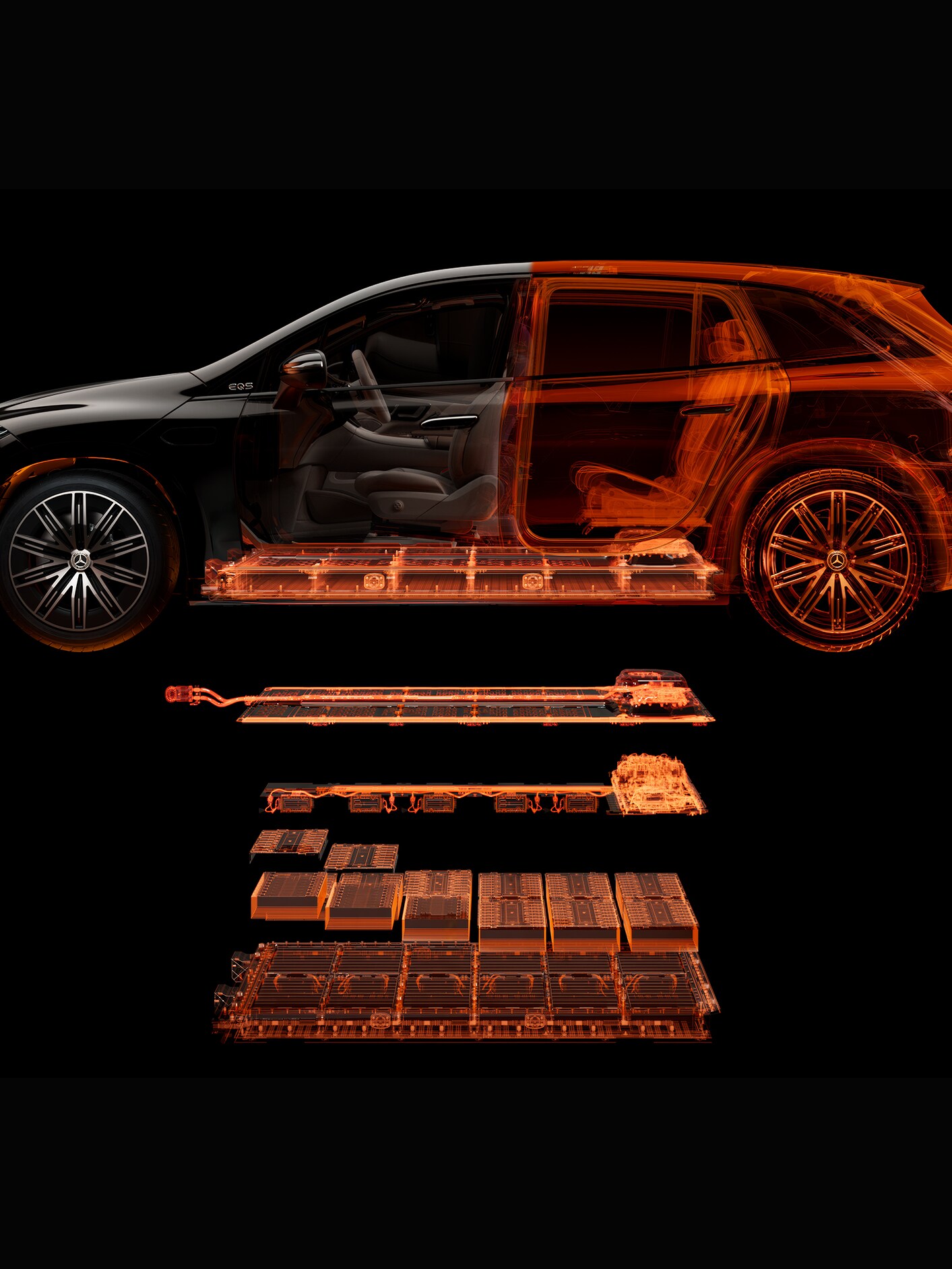 Rysunek techniczny komponentów elektrycznych w Mercedes-Benz EQE SUV.