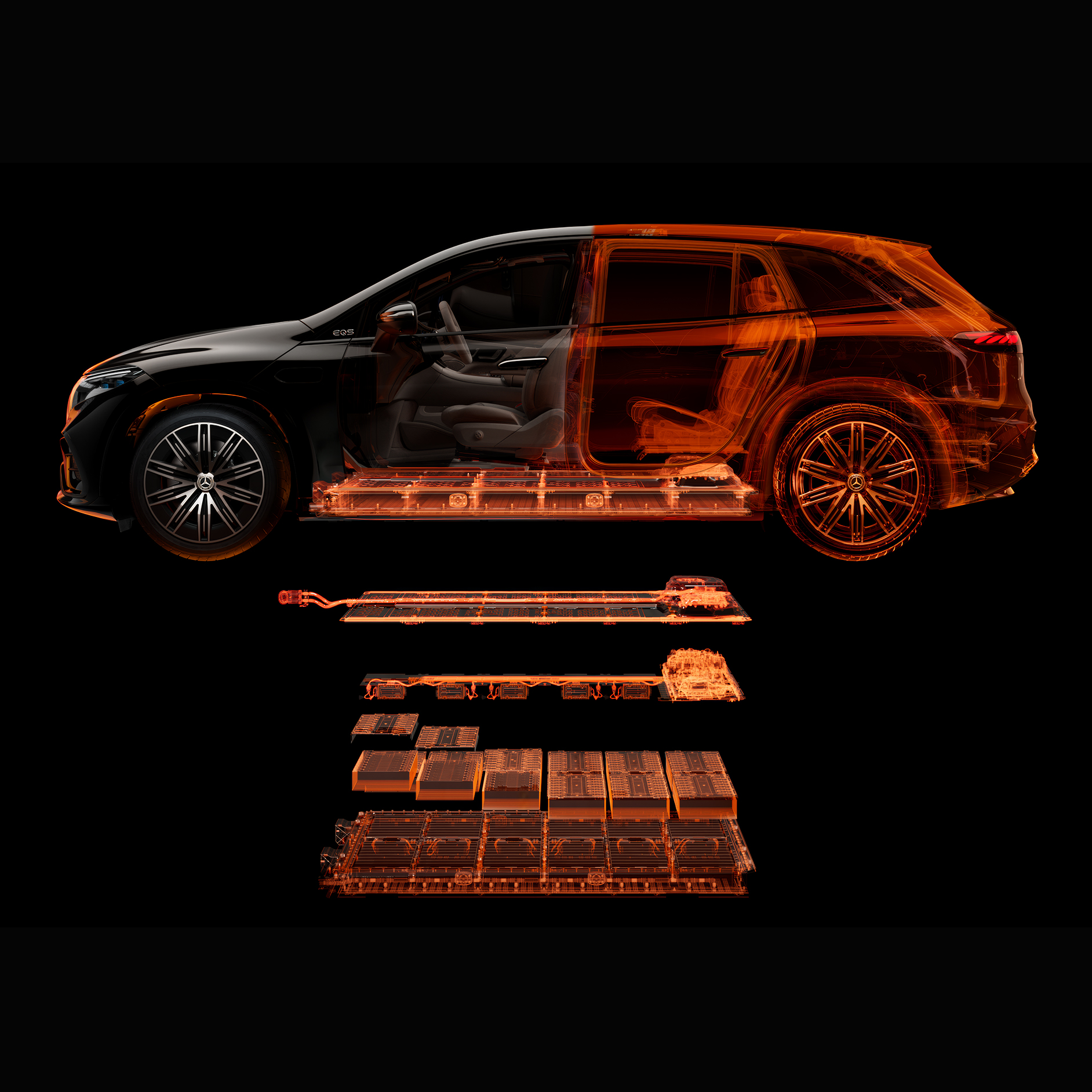 Bezpieczeństwo | EQS SUV | Mercedes-Benz Rysunek techniczny komponentów elektrycznych w Mercedes-Benz EQE SUV.