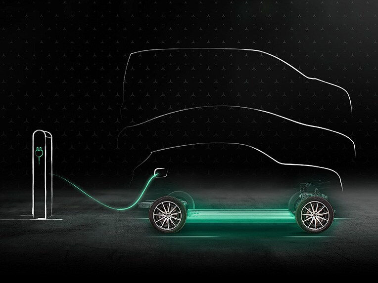 Ilustracja przedstawiająca pojazd Mercedes-Benz na stacji ładowania.