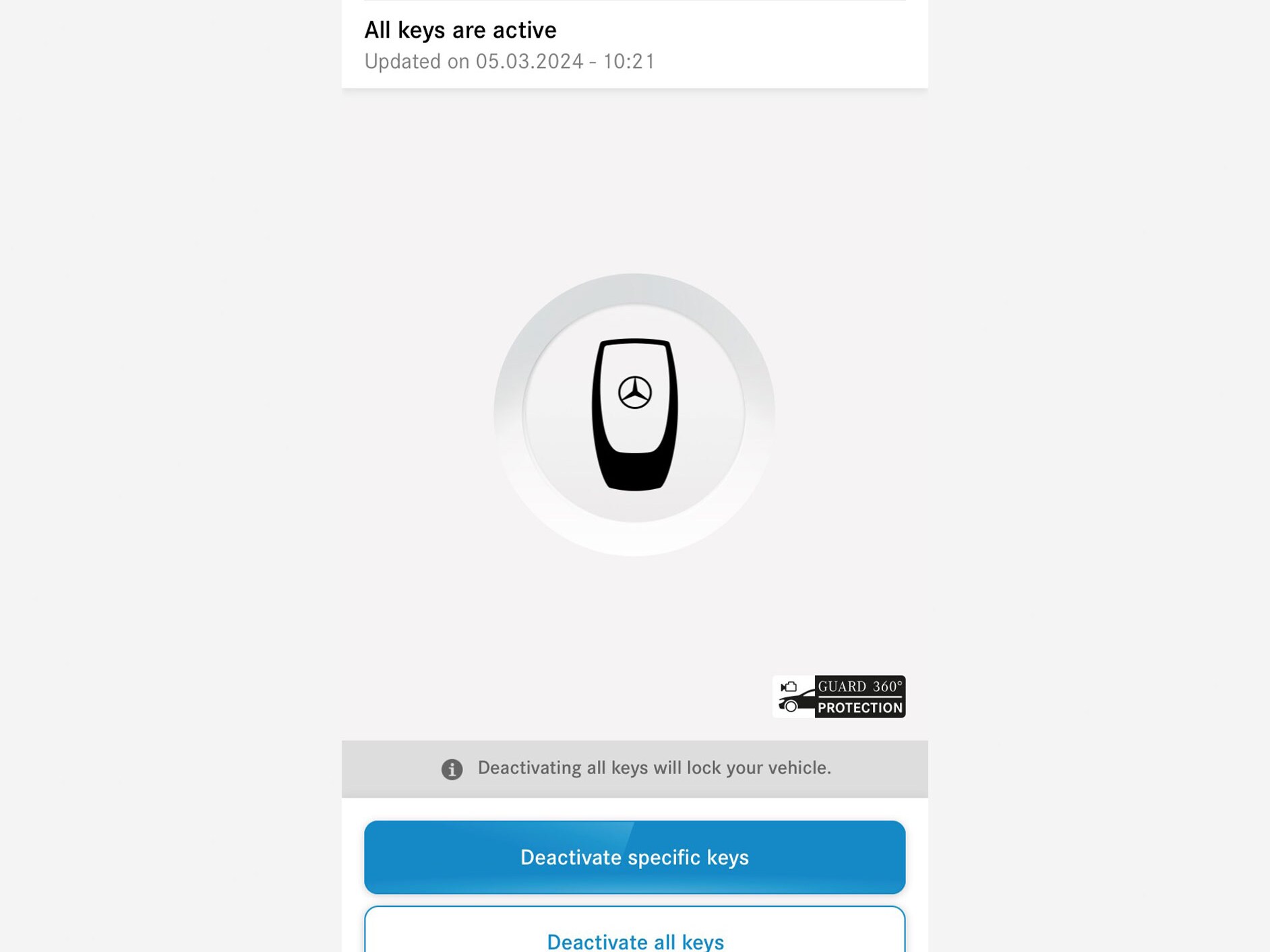 Na smartfonie wyświetlane jest menu Cyfrowego dodatku „Dezaktywacja kluczyka w sytuacji awaryjnej”.