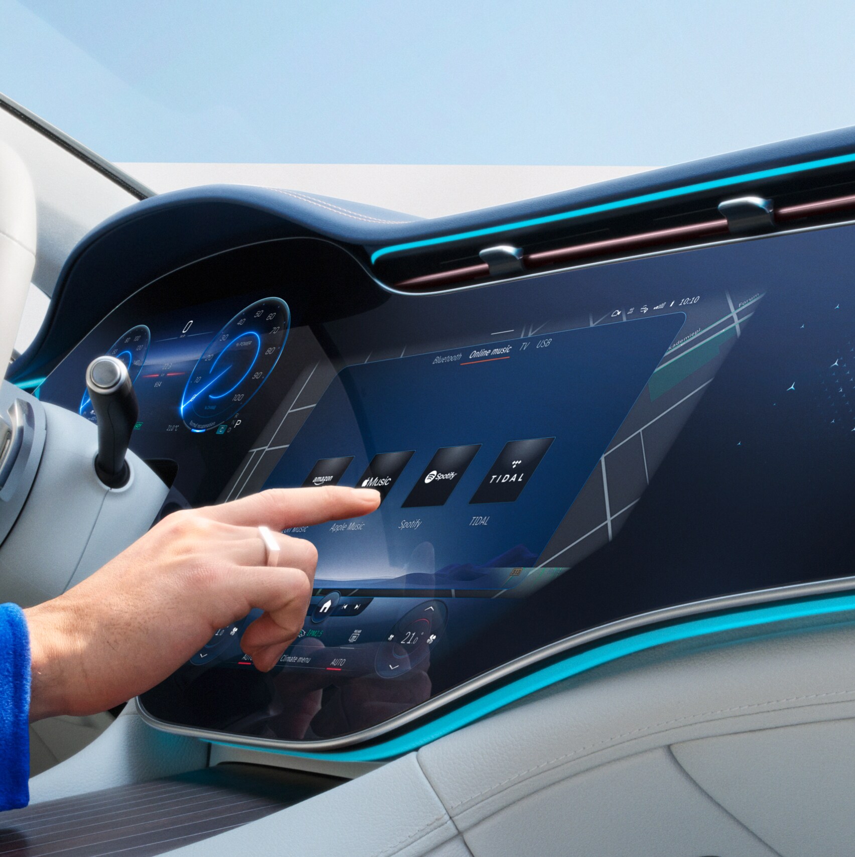 Wybieranie Cyfrowych Dodatków na ekranie systemu multimedialnego MBUX w&nbsp;Mercedes-Benz.