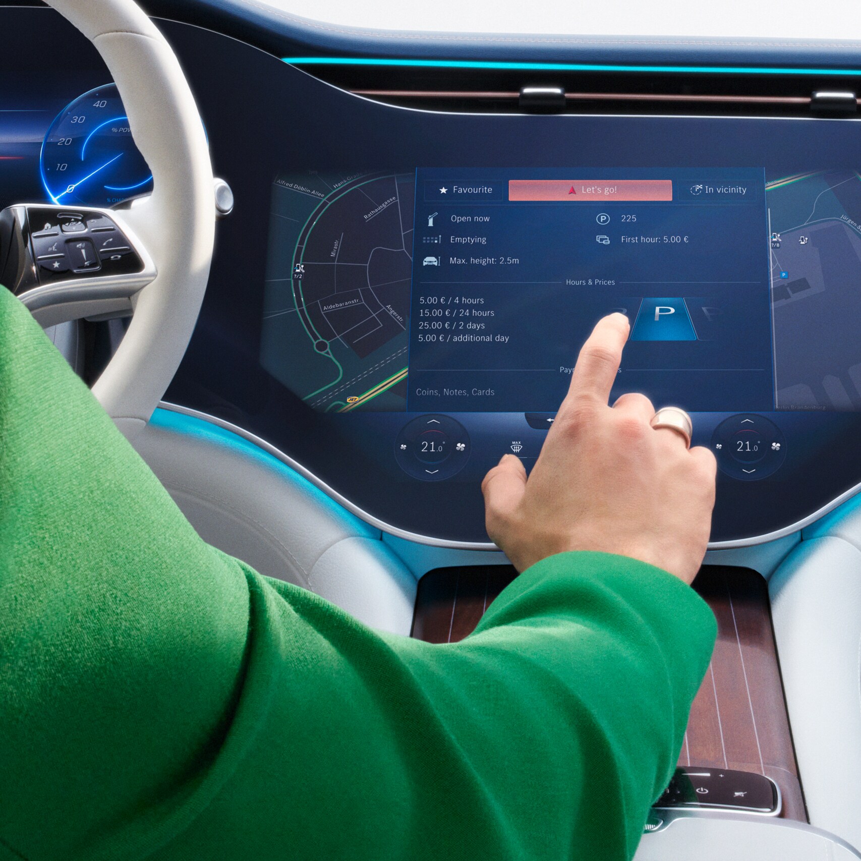 Cyfrowe dodatki wybierane są na ekranie systemu multimedialnego MBUX w&nbsp;samochodzie Mercedes-Benz