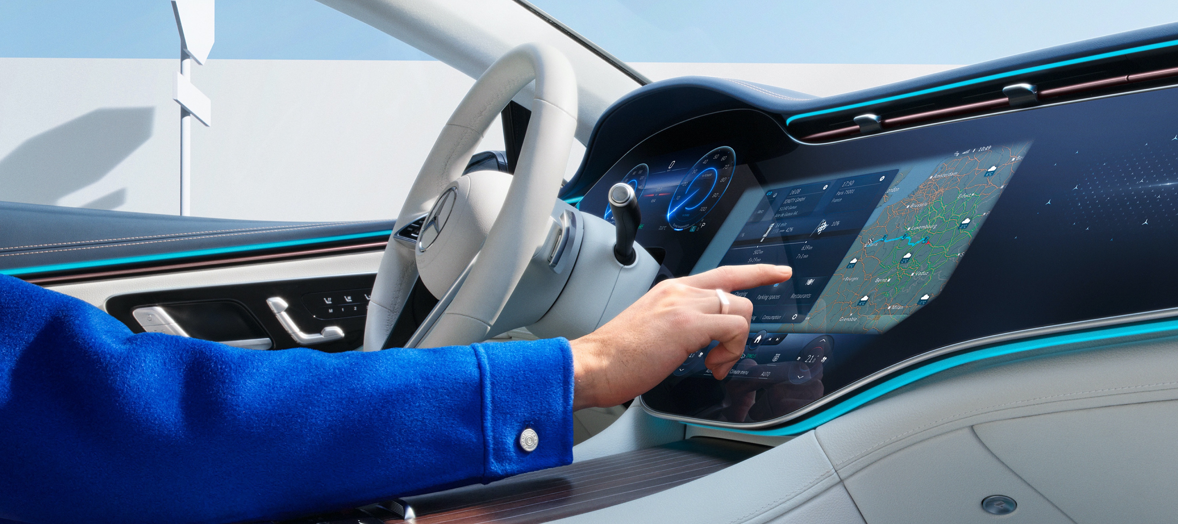 Nawigacja | Mercedes-Benz MBUX Hyperscreen wyświetla pogodę w miejscu docelowym dzięki Cyfrowemu Dodatkowi „Mapa pogody”.