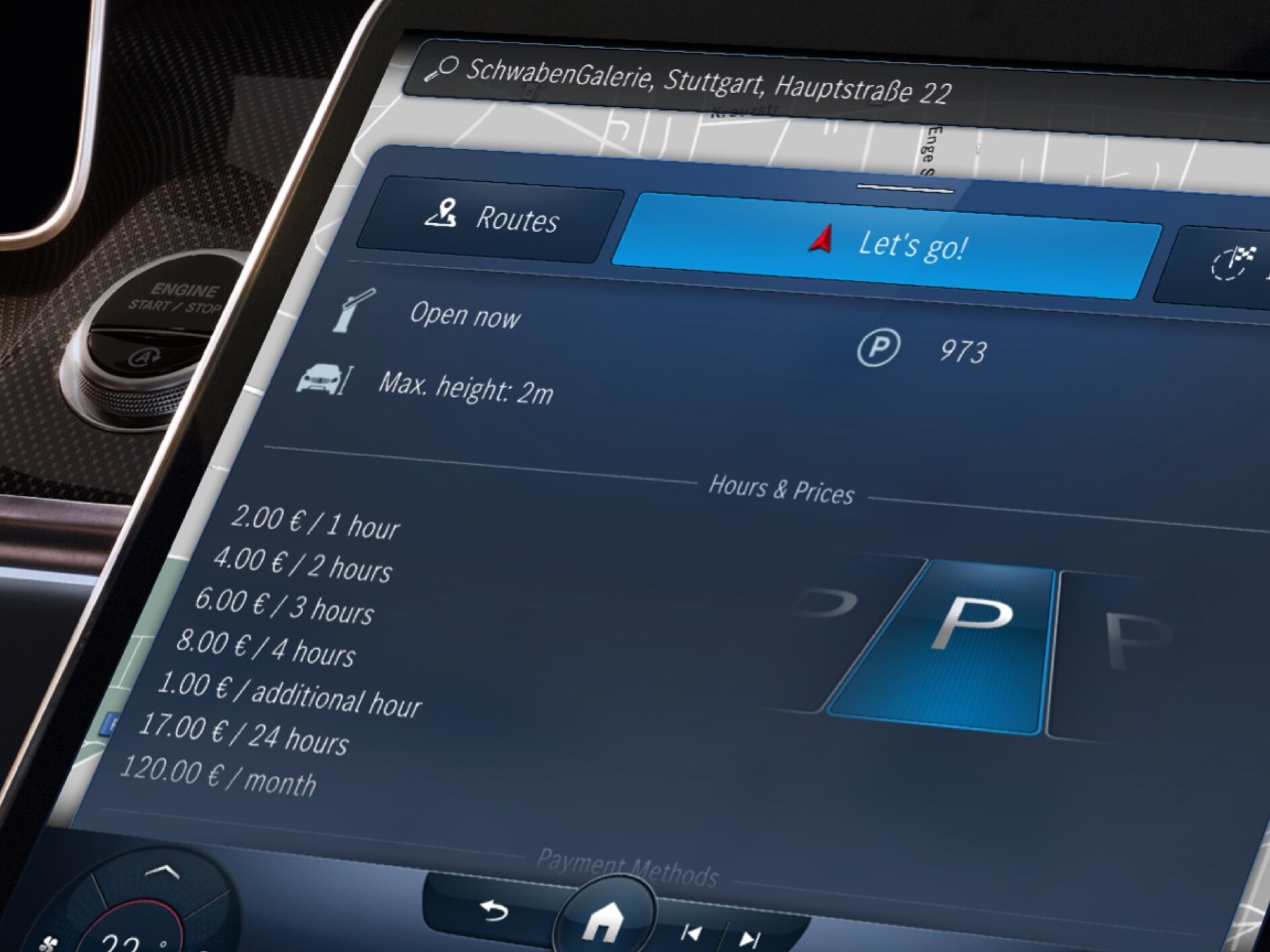 W systemie multimedialnym na wyświetlaczu MBUX dostępne miejsca parkingowe i ich ceny są wyświetlane dzięki Cyfrowemu dodatkowi „Usługa parkowania w nawigacji”.
