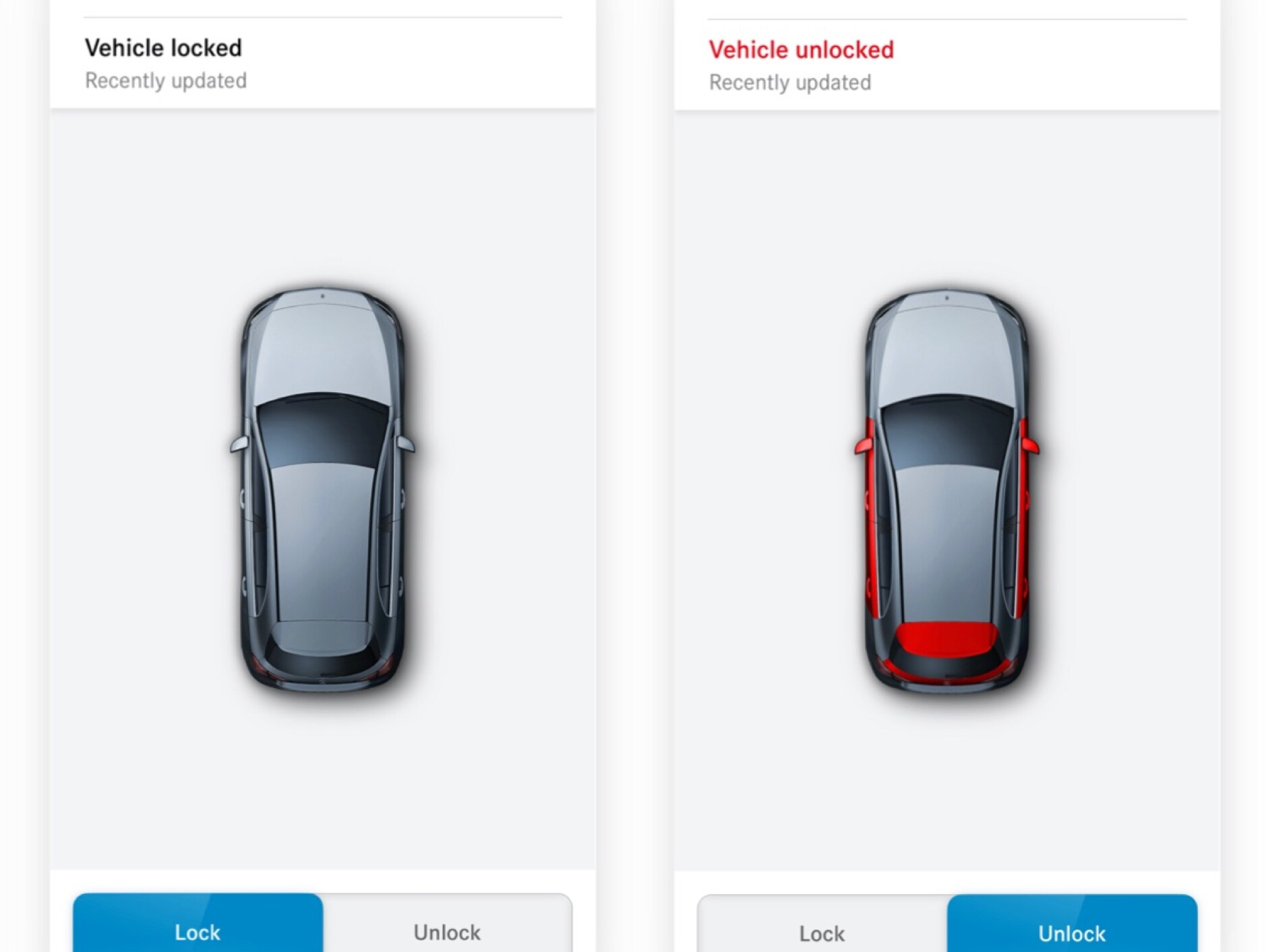 Na smartfonie można zobaczyć rożne ekrany wyświetlane, gdy Cyfrowy dodatek „Zdalne sterowanie zamkami” wykryje, że nie wszystkie drzwi są zablokowane.