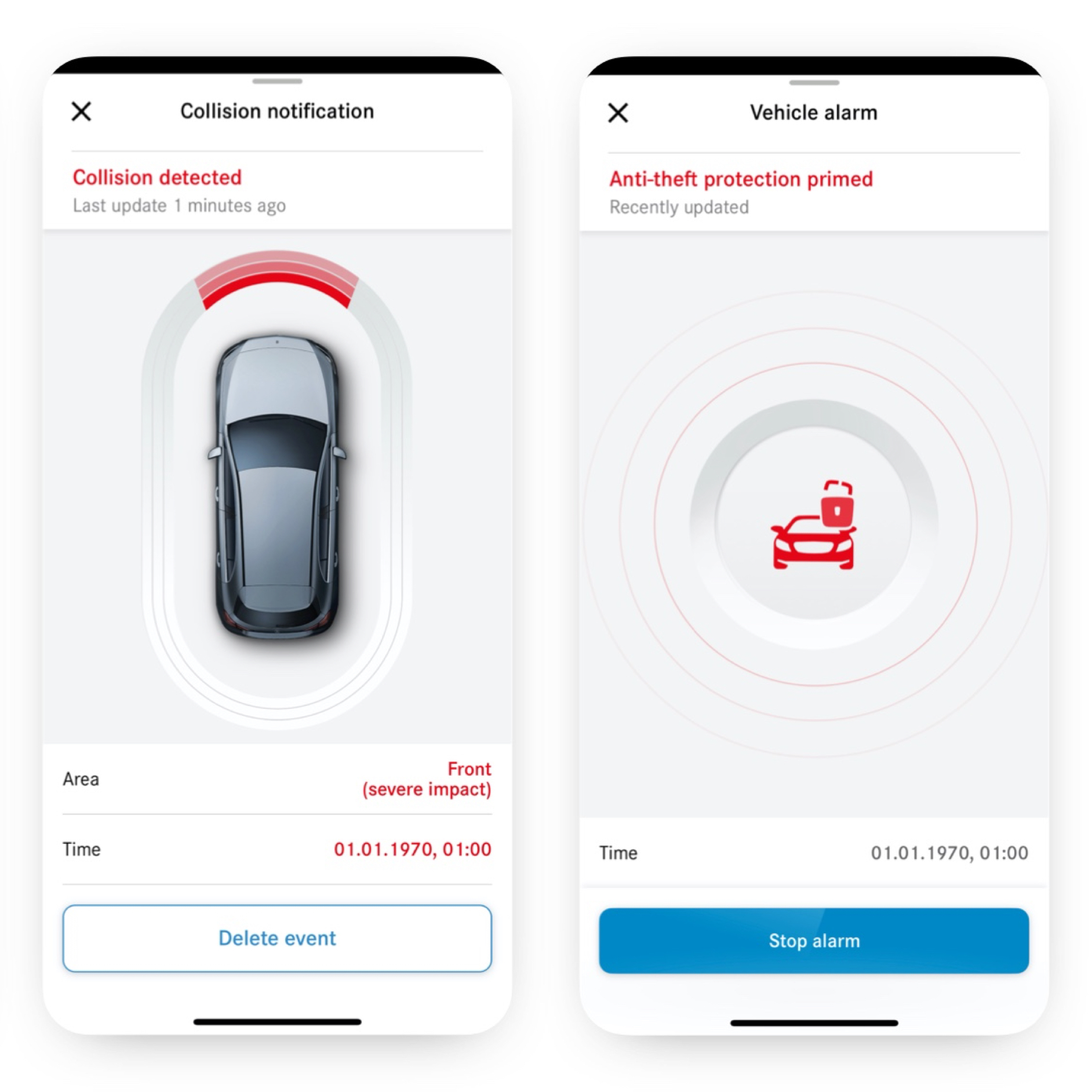 Powiadomienia o kradzieży z czujnikiem szkody parkingowej | Pakiet Excellence | Mercedes-Benz Cyfrowy dodatek „Powiadomienie o próbie kradzieży i czujnik szkody parkingowej” informuje na smartfonie o wystąpieniu kolizji.