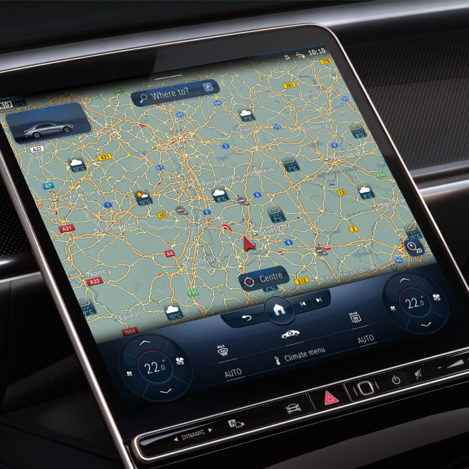 Mapa pogody | Nawigacja | Mercedes-Benz Na wyświetlaczu systemu multimedialnego MBUX pogoda w miejscu docelowym jest wyświetlana dzięki mapie pogodowej Cyfrowych dodatków.