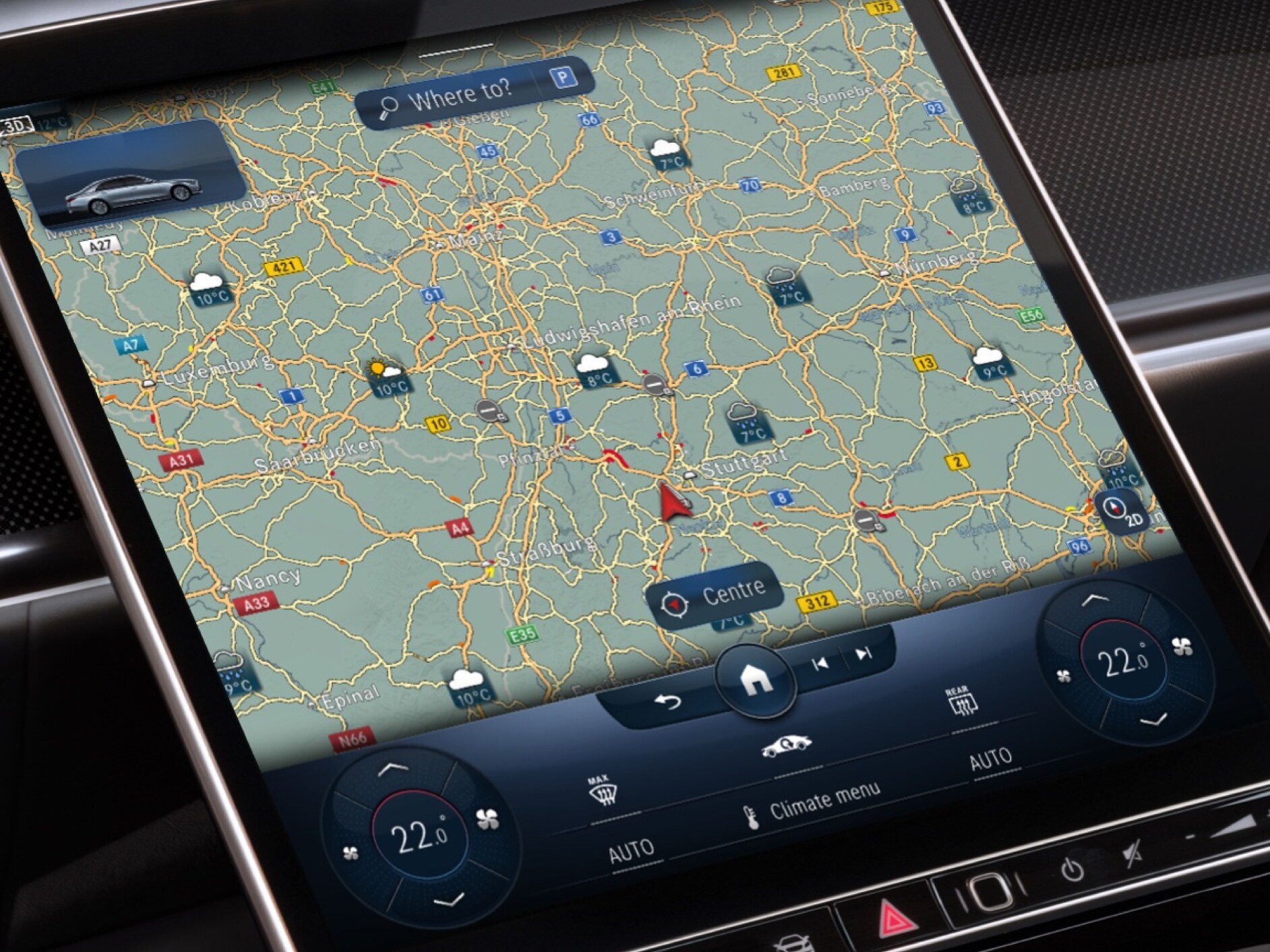 Na wyświetlaczu systemu multimedialnego MBUX pogoda w miejscu docelowym jest wyświetlana dzięki mapie pogodowej Cyfrowych dodatków.