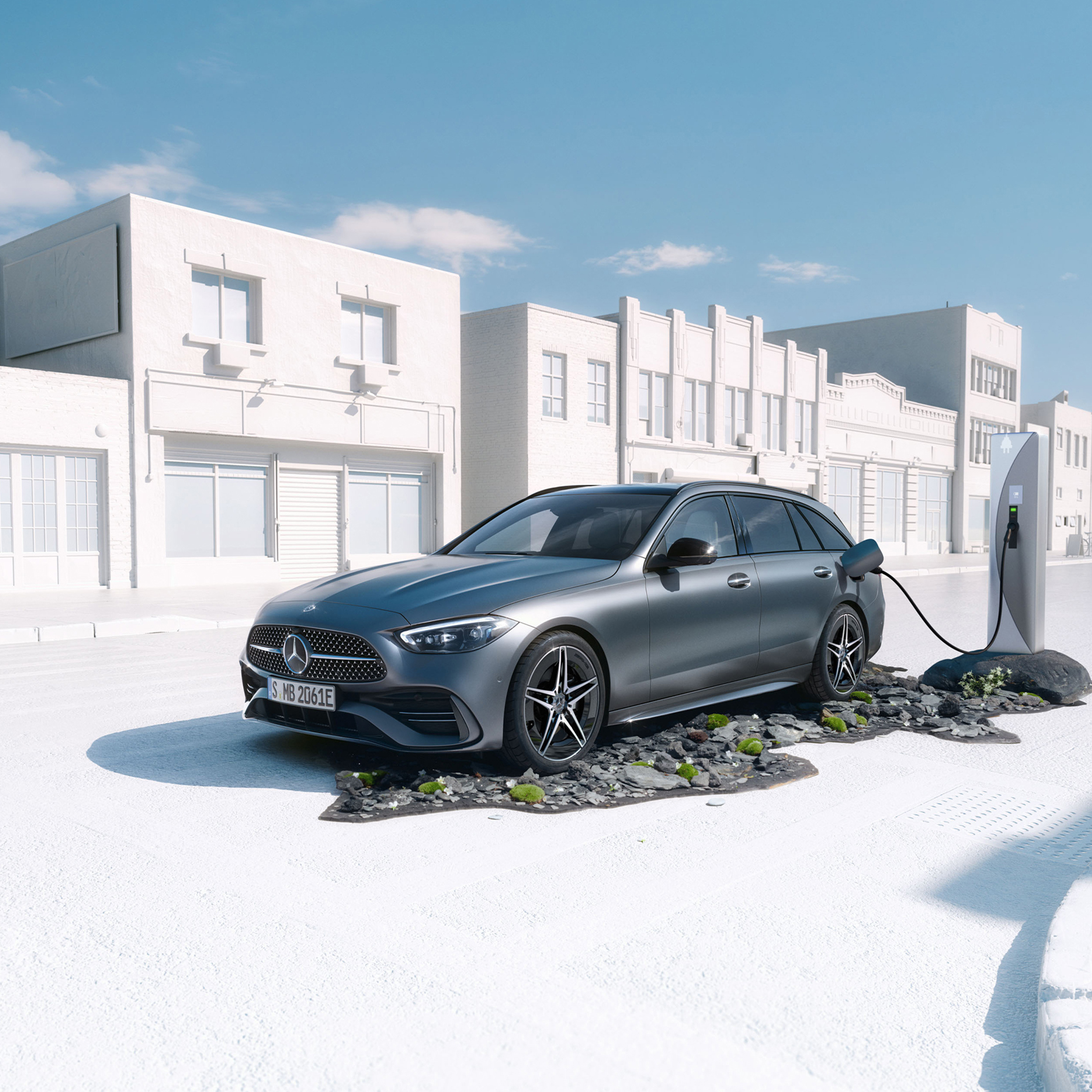 Mercedes-Benz | Ziemia, woda, powietrze | Hybrydy plug-in Mercedes-Benz Klasy C 300 e Kombi podłączony do stacji ładowania.