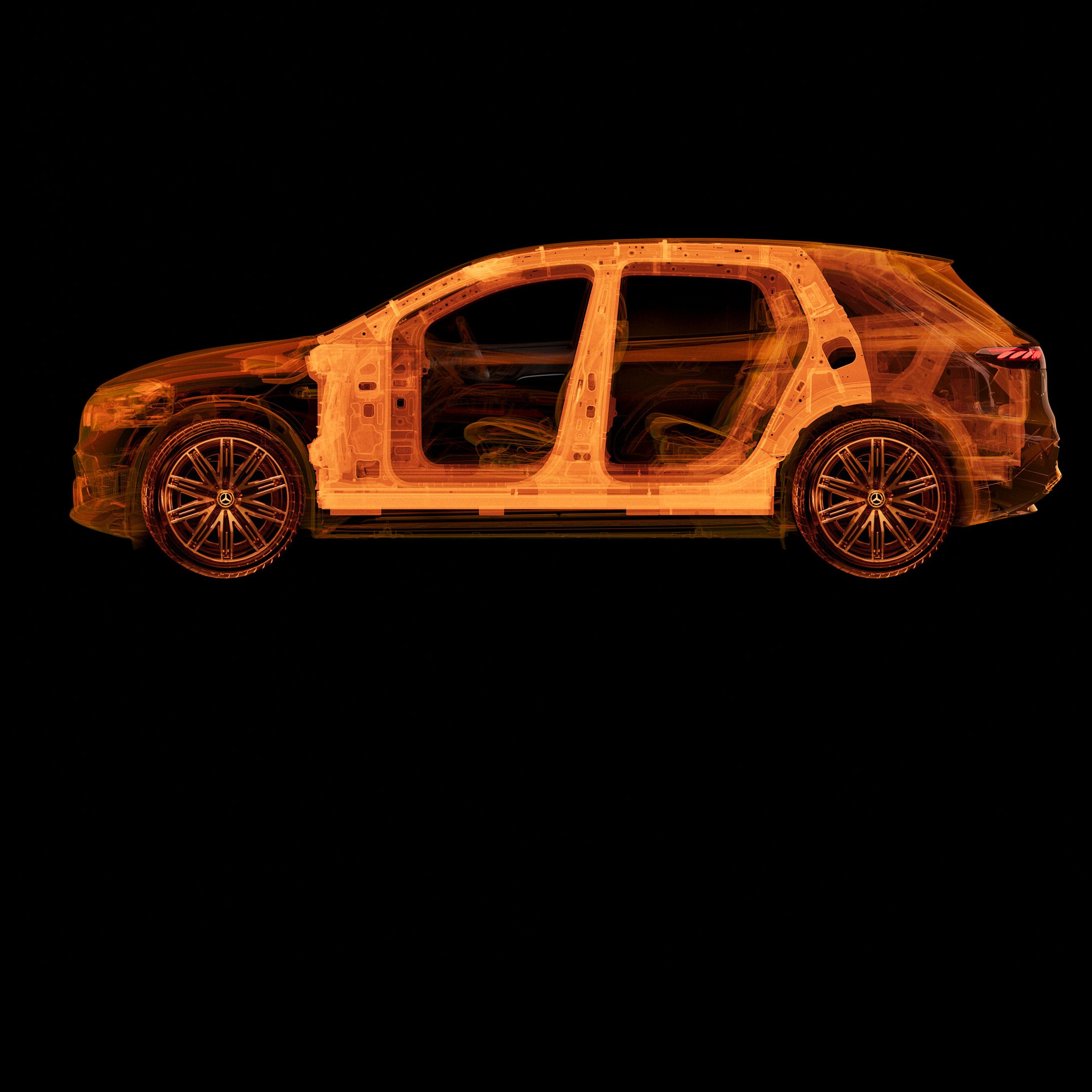 Przezroczysty widok z boku samochodu Mercedes-Benz przedstawiający struktury wewnętrzne.