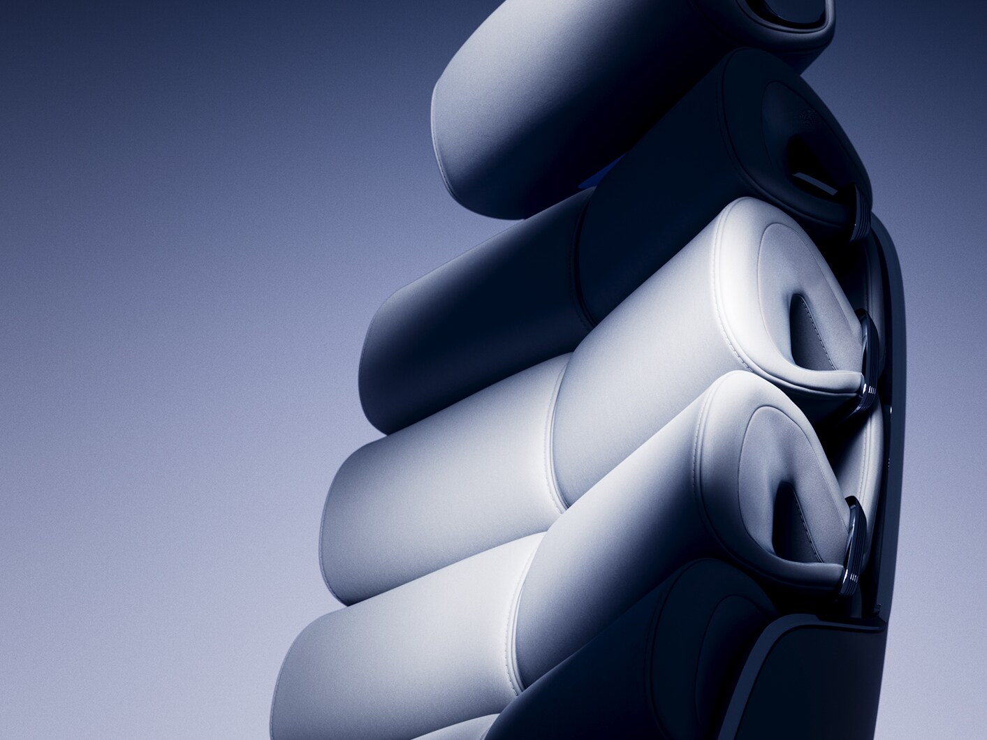 Widok pojedynczego siedzenia z bliska. Można zobaczyć elastyczne poduszki rurkowe, które nadają siedzeniu unikalny futurystyczny design.