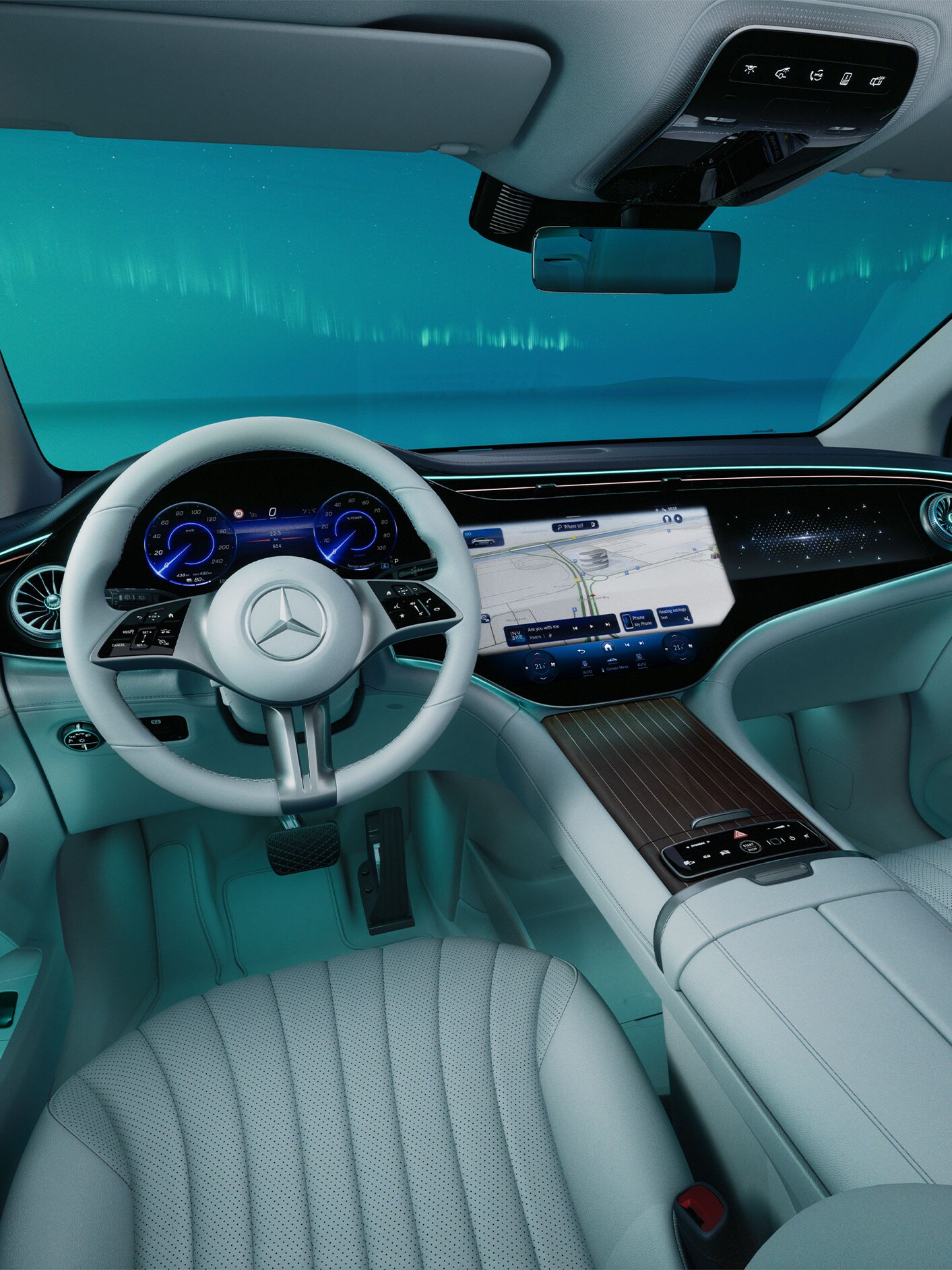 Kokpit we wnętrzu Mercedes-Benz EQS SUV.